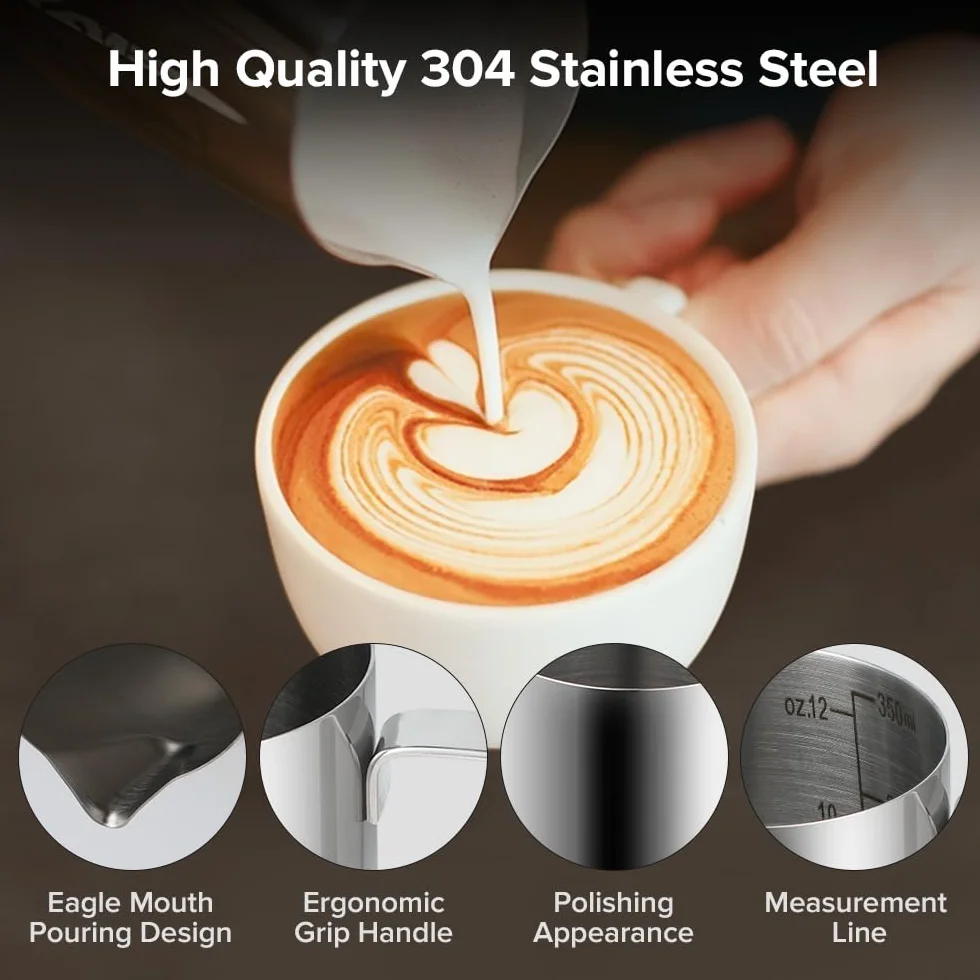 KITDAHOM ręczny dzbanek do spieniania mleka ze stali nierdzewnej 350 ml ze skalą dozownik do śmietany w zestawie z igłą do latte art