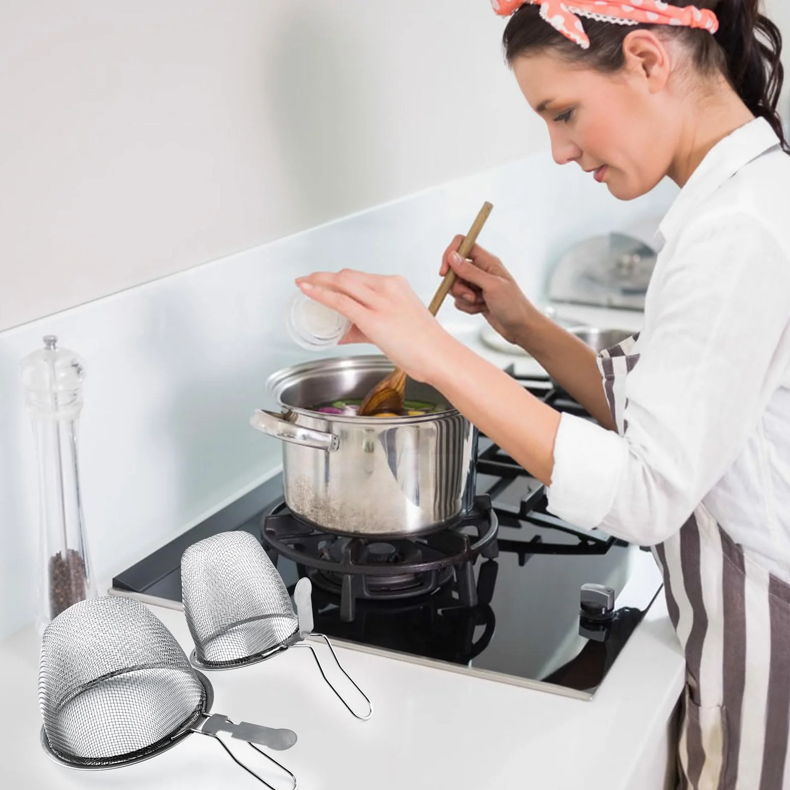 2 sztuki sita do fondue, stalowy kosz na makaron z uchwytem, kosz do smażenia do gotowania i smażenia, z haczykami (2 rozmiary, srebrny)