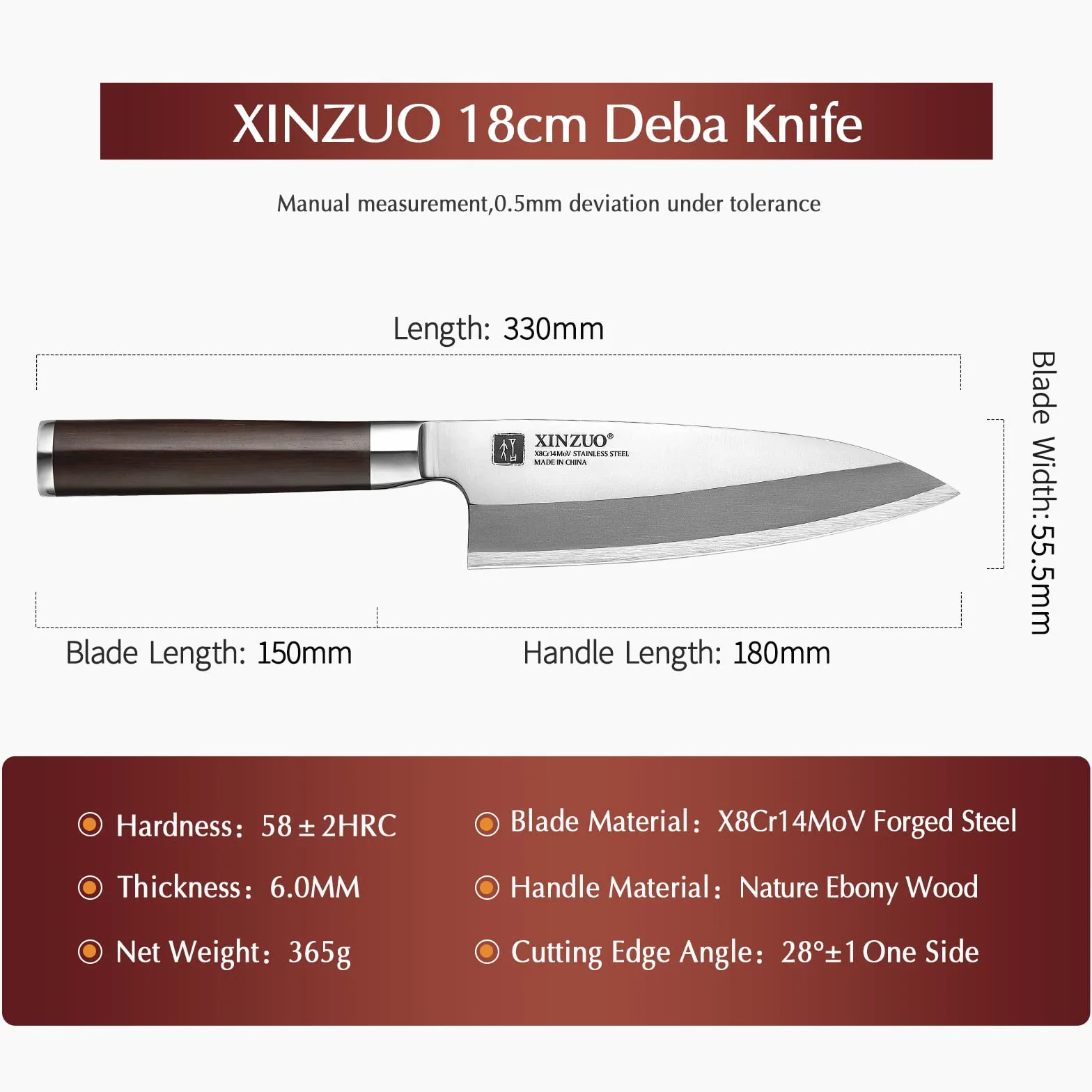 XINZUO 18 cm Deba nóż ze stali nierdzewnej X8Cr14MoV, japoński nóż sashimi do sushi, pojedyncze ostrze, nóż szefa kuchni, profesjonalny nóż do ryb, uchwyt hebanowy, z pochwą z drewna brzozowego