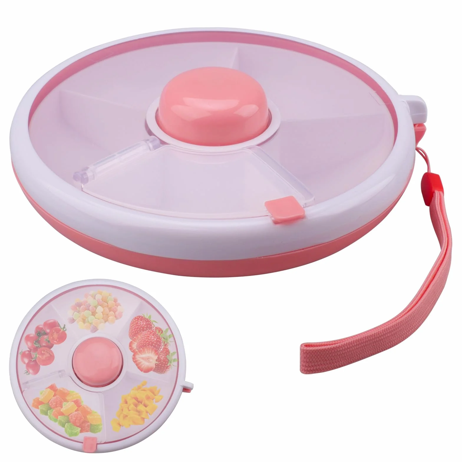 Spinner Spinner Snack Organizer na przekąski z przegródkami, obracany, tylko suchy, idealny na cukierki, orzechy, piknik na spotkania rodzinne (różowy)