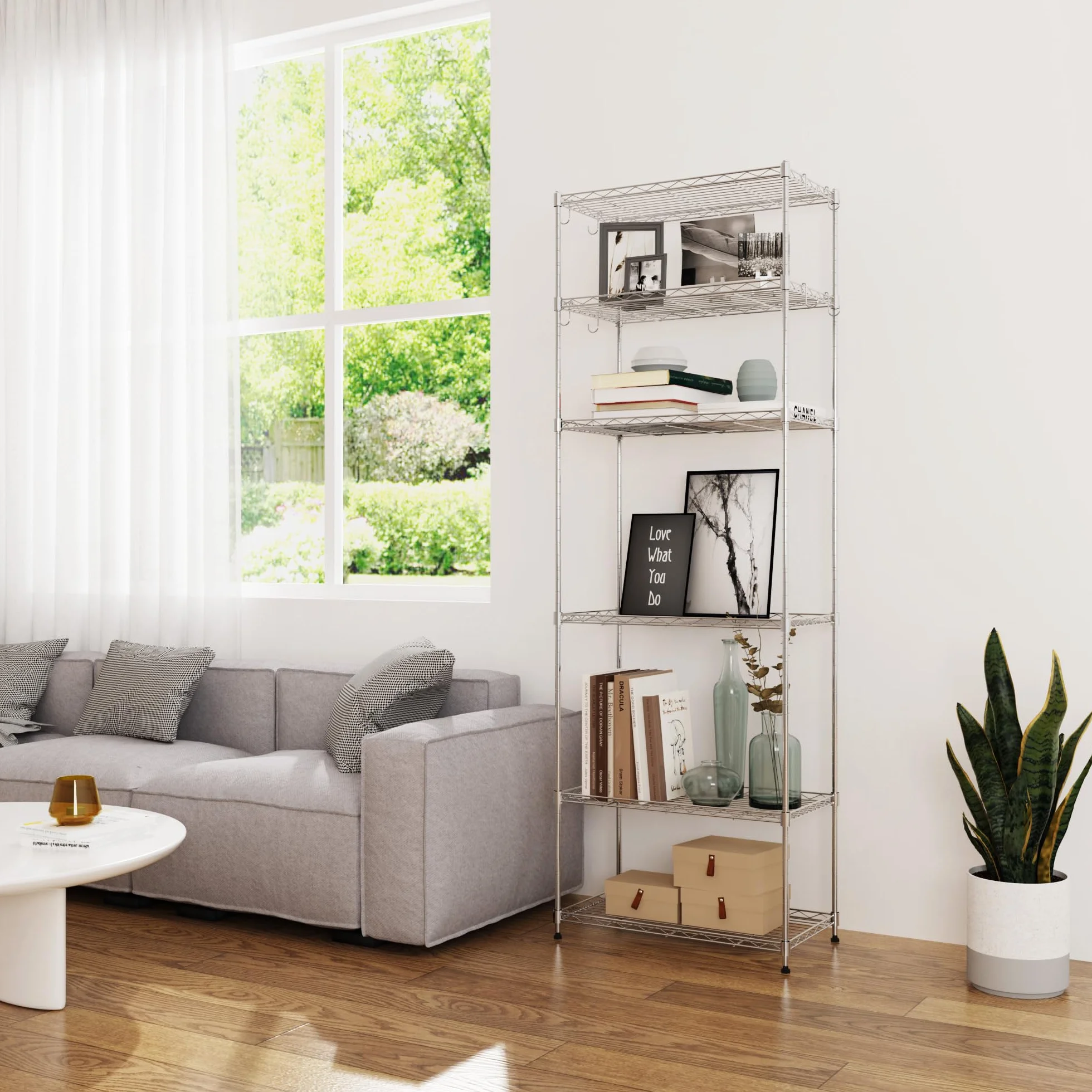 Mondeer Regał metalowy, 6-poziomowy, kuchenny regał do przechowywania z 8 haczykami, regulacja wysokości, do łazienki, salonu, na balkon, srebrny