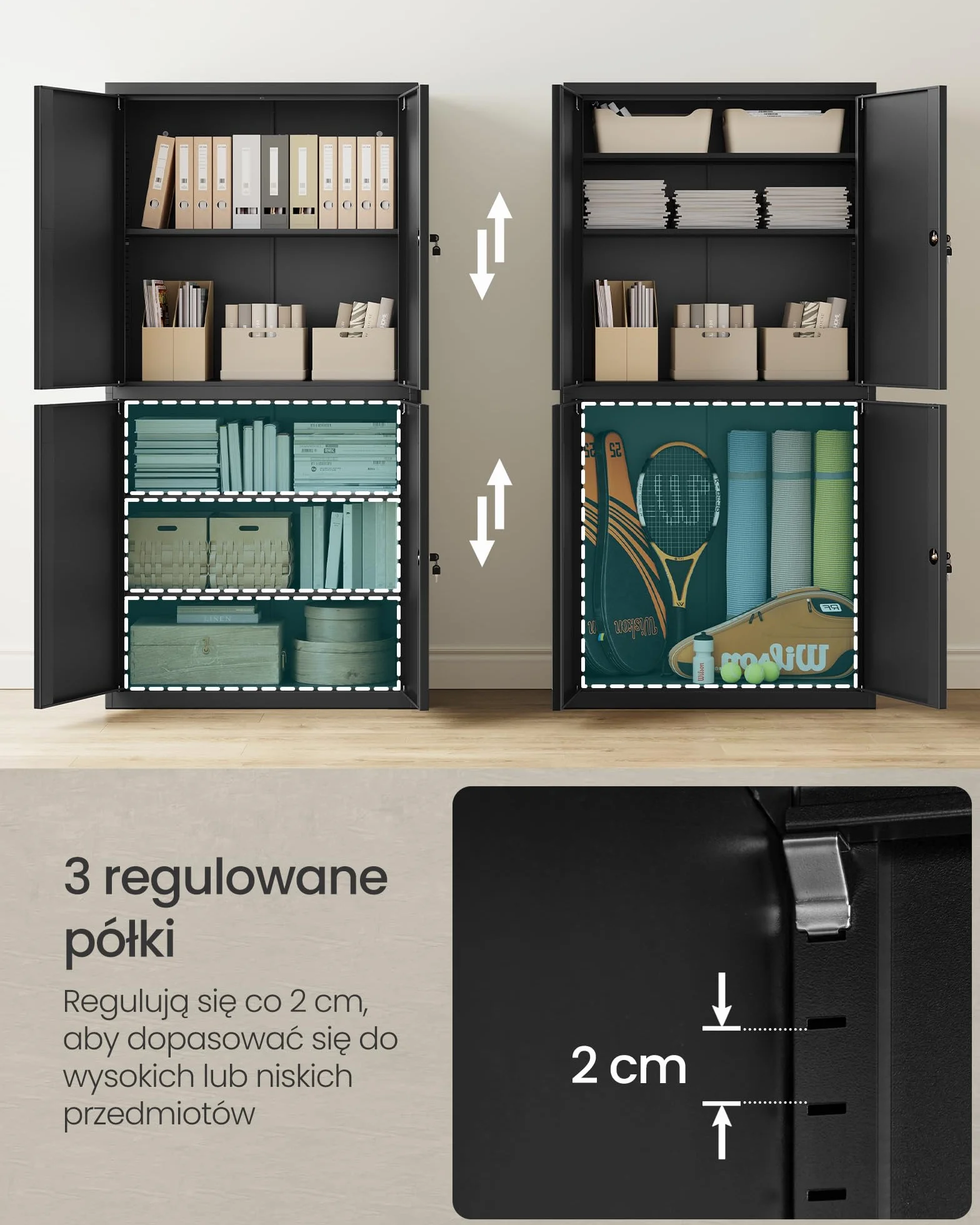 SONGMICS Metalowa szafka garażowa, wielofunkcyjna szafka na dokumenty z 4 drzwiami i 5 półkami, 40 x 80 x 180 cm, zamykana, z 2 zamkami, regulowanymi półkami, matowa czarna OMC016B01