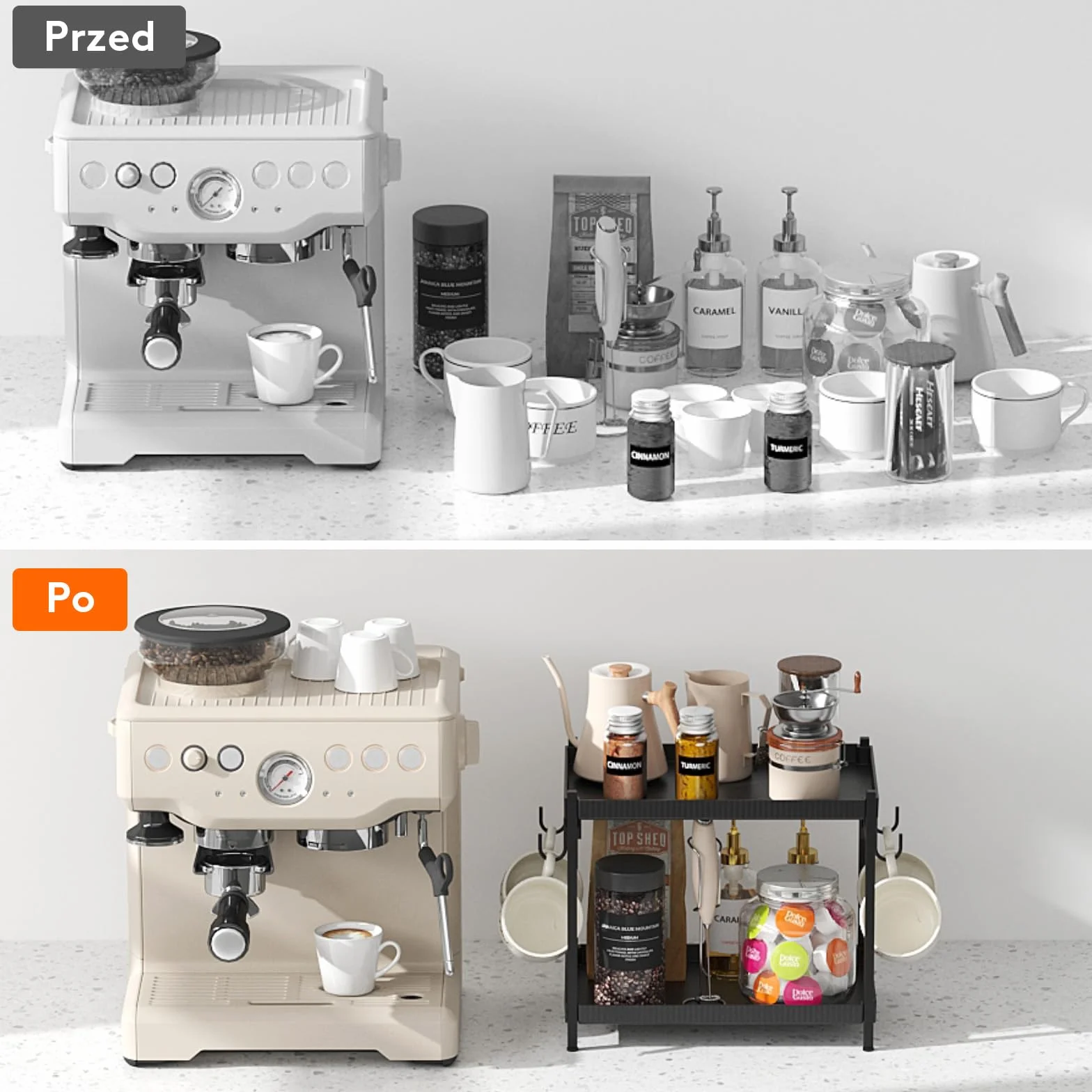 Lifewit 2-Poziomowy Plastikowy Uchwyt na Kubki z Metalowym Stojakiem, Organizer na Kawę do Biura z 4 Haczykami na Kubki, Organizer na Przyprawy do Szafki Kuchennej, Blat Kuchenny, Czarny