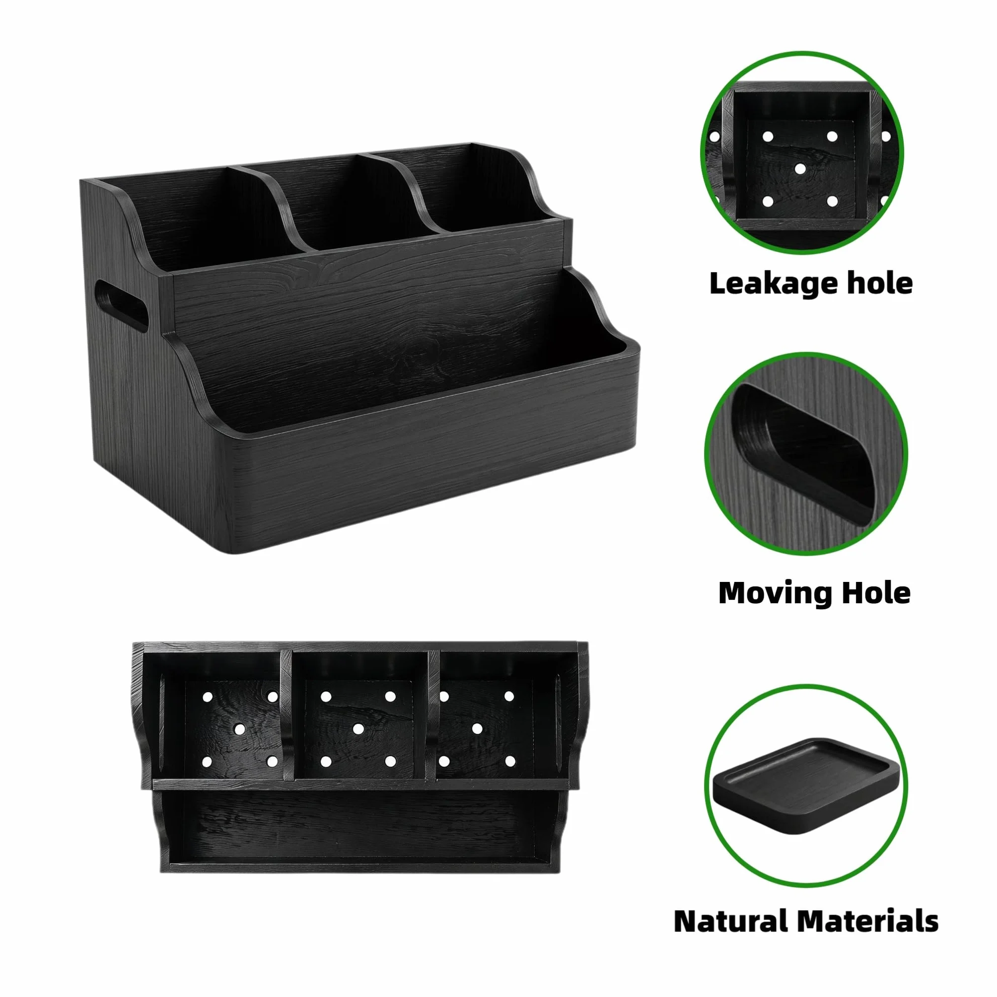 Bardzo duży organizer na przybory kuchenne z litego drewna z 3 przegródkami, nowoczesny, elegancki design z uchwytami, przestronny, łatwy dostęp i stabilny do przechowywania na blacie