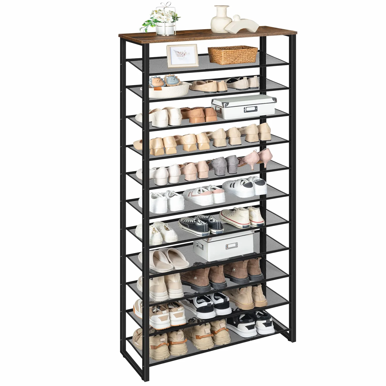 HOOBRO Duży regał na buty, 12-poziomowa półka na buty, wysoka, na 35-45 par butów, metalowa rama, styl przemysłowy, do korytarza, salonu, sypialni, vintage, brązowo-czarny, BF127XJ01