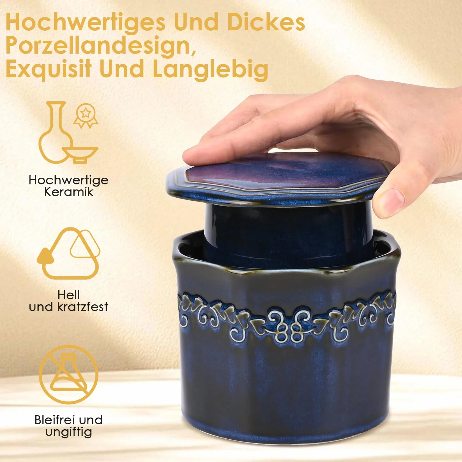 Francuska maselniczka, ceramiczna, francuska maselniczka z chłodzeniem wodnym, nadaje się do mycia w zmywarce, można przechowywać w temperaturze pokojowej, z pokrywką, zapewnia świeżość i