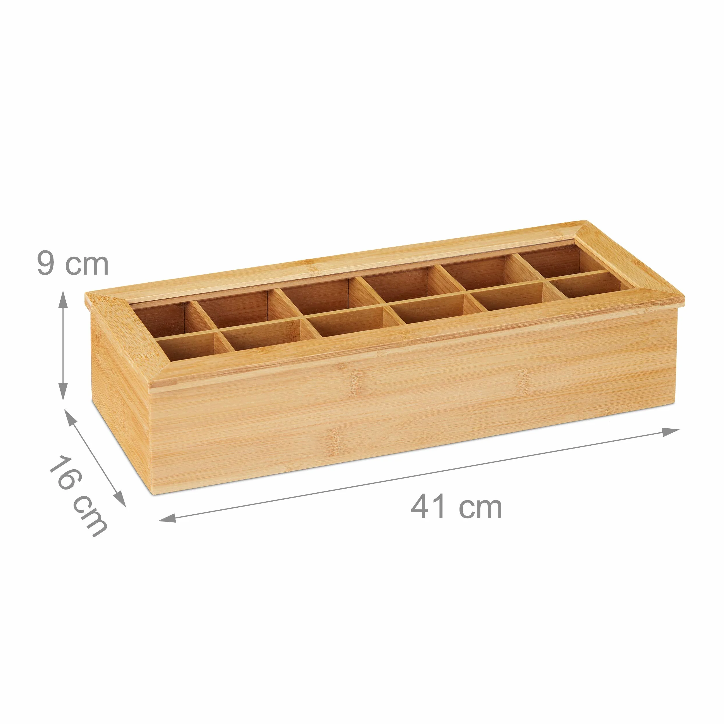 Relaxdays Pudełko na herbatę bambusowe 12 przegródek z okienkiem organizer 9 x 41 x 16 cm naturalne