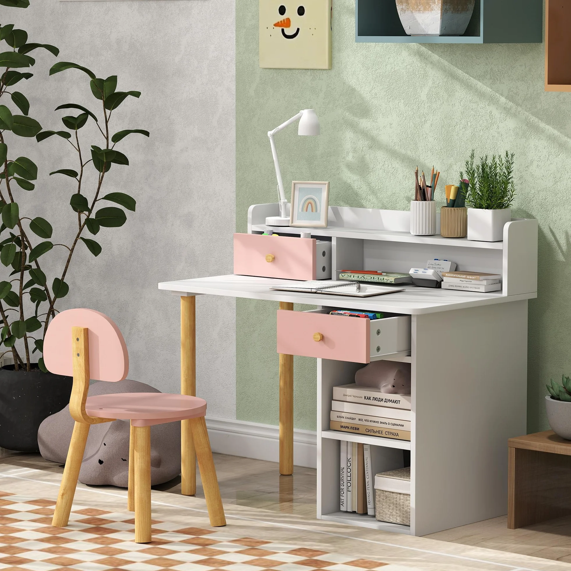AIYAPLAY Kids Desk and Chair Set, Children Study Table with Hutch, Storage, Drawer, Shelves, for Studying, Reading, Drawing, for Ages 3-8 Years, Pink