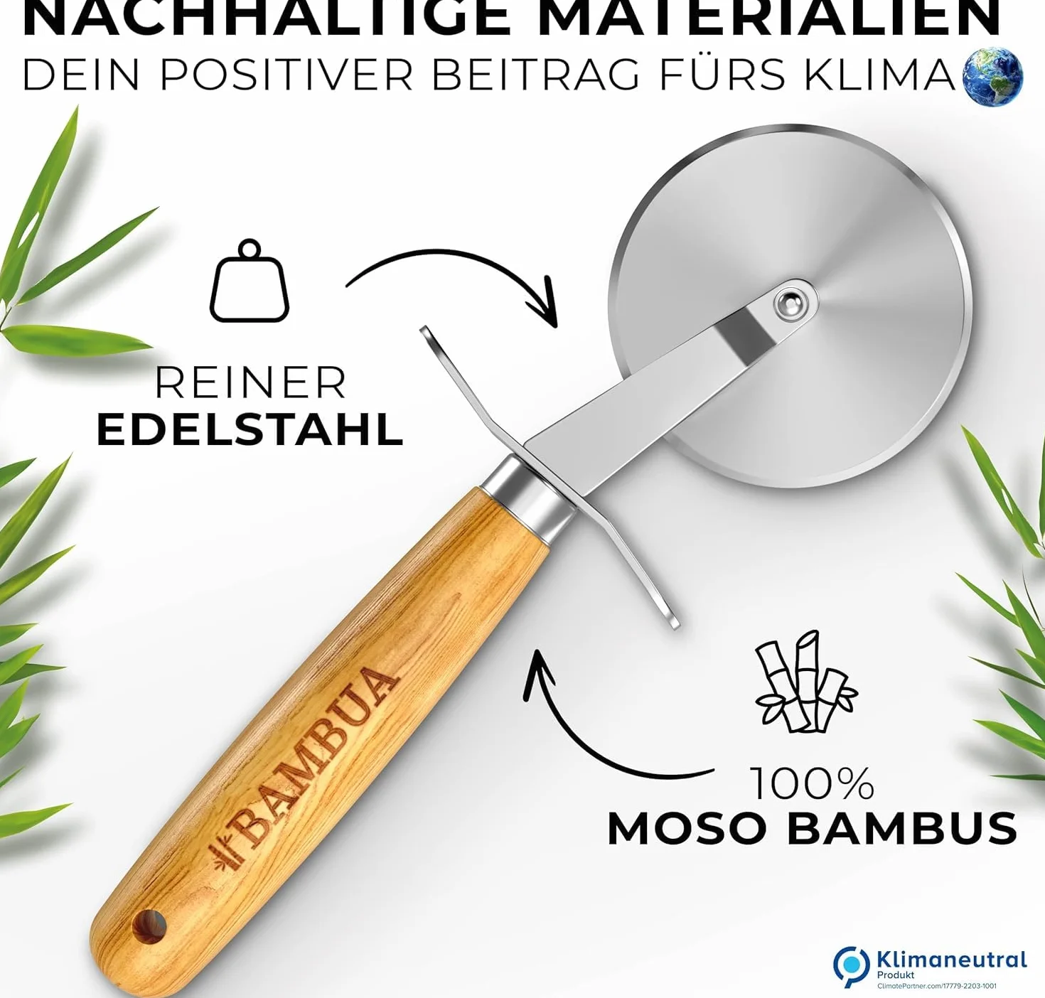 BAMBUA Nożyk do pizzy - [100% bez plastiku] Rolkowy nóż do pizzy z eleganckim uchwytem bambusowym - Wykonany z bambusa Moso - Wysokiej jakości ostrze ze stali nierdzewnej - Premium nożyk do pizzy
