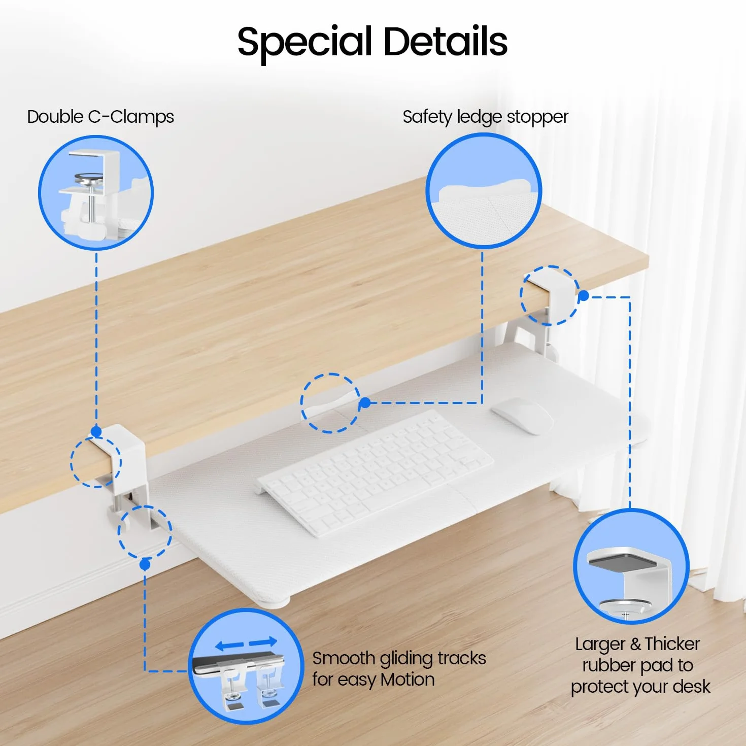 NearHub Duża taca na klawiaturę pod biurko wysuwana z bardzo stabilnym systemem mocowania zaciskowego C, 61 cm (76 cm z zaciskami) x 28 cm wysuwana szuflada na klawiaturę pod biurko do pisania, taca