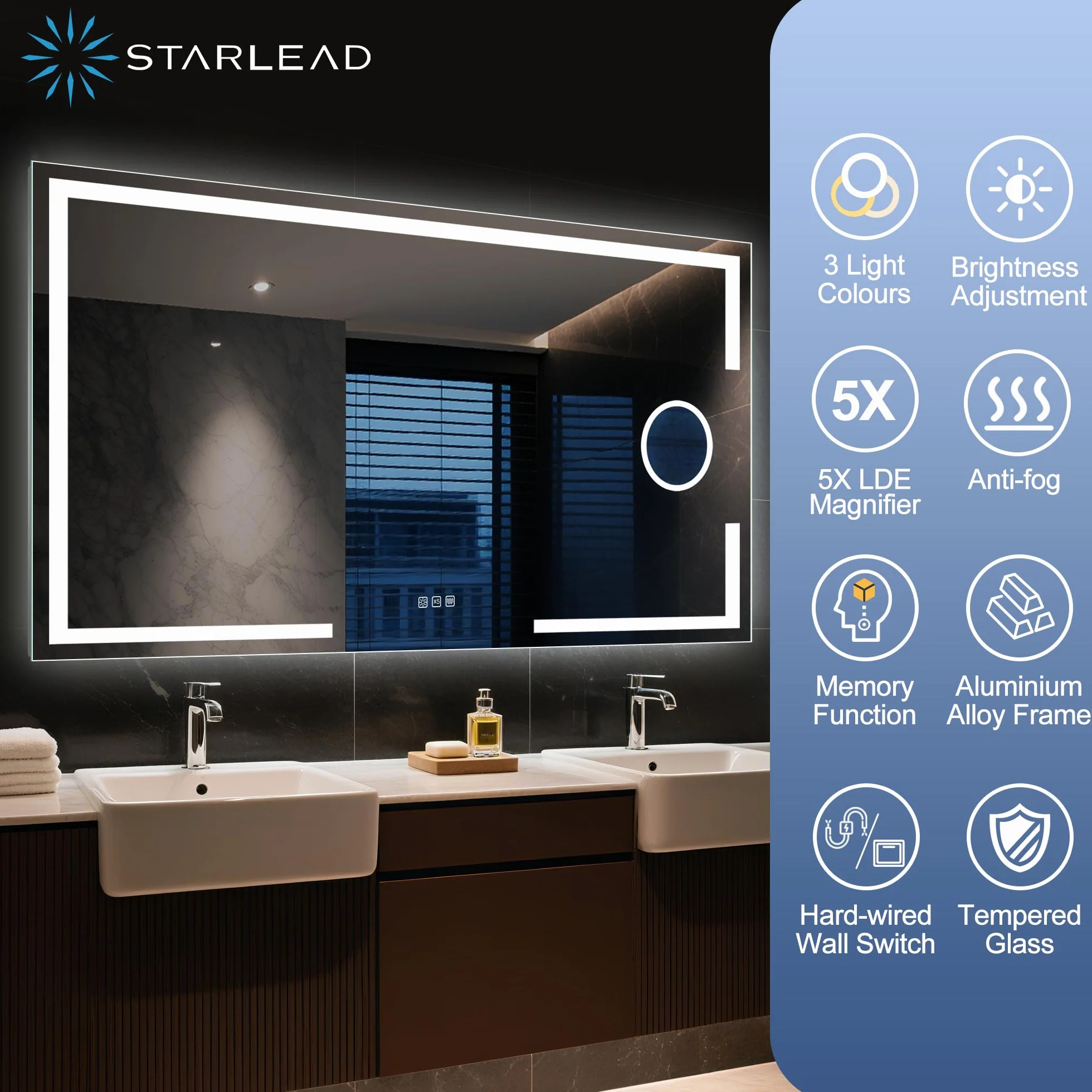 STARLEAD Lustro łazienkowe LED 120x70 cm IP44 szkło hartowane 3 kolory światła regulowana jasność