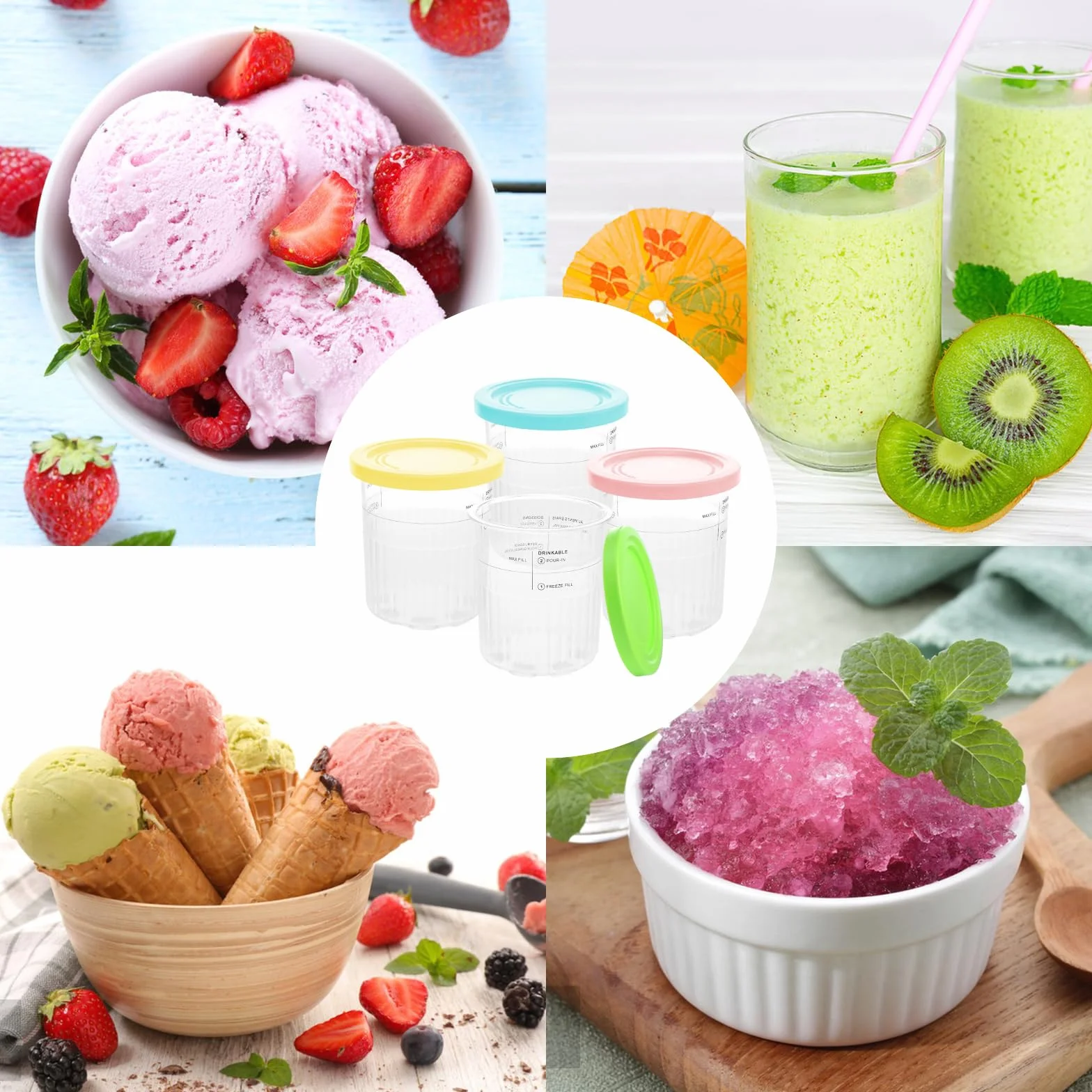 Nepfaivy Pojemniki do Ninja Creami Deluxe - 4 kubki do lodów i pokrywki, kompatybilne z maszynami do lodów Ninja Creamy Deluxe NC500 NC501, nie zawierają BPA, nadają się do mycia w zmywarce