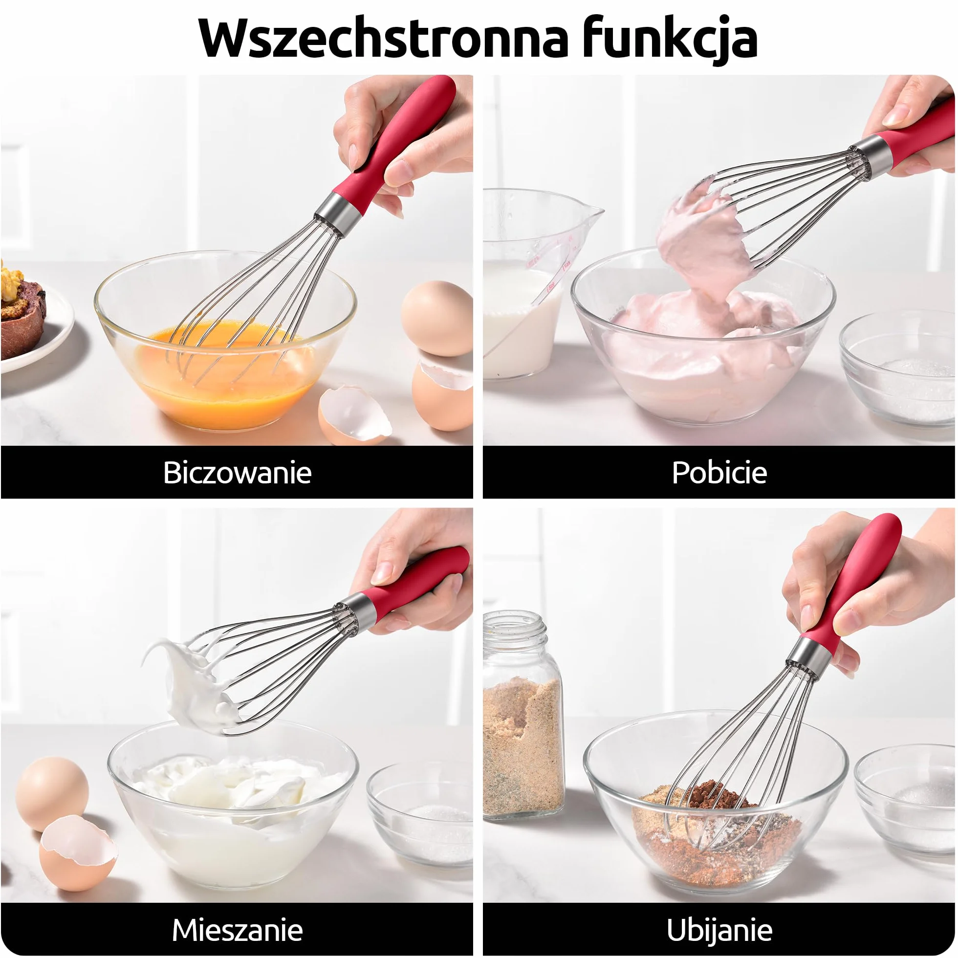 U-Taste Trzepaczka Kuchenna: Trzepaczka do jajek ze stali nierdzewnej 18/10, 23 cm, mała, z 6 elastycznymi drutami i antypoślizgową silikonową rączką do ubijania.(Czerwony)