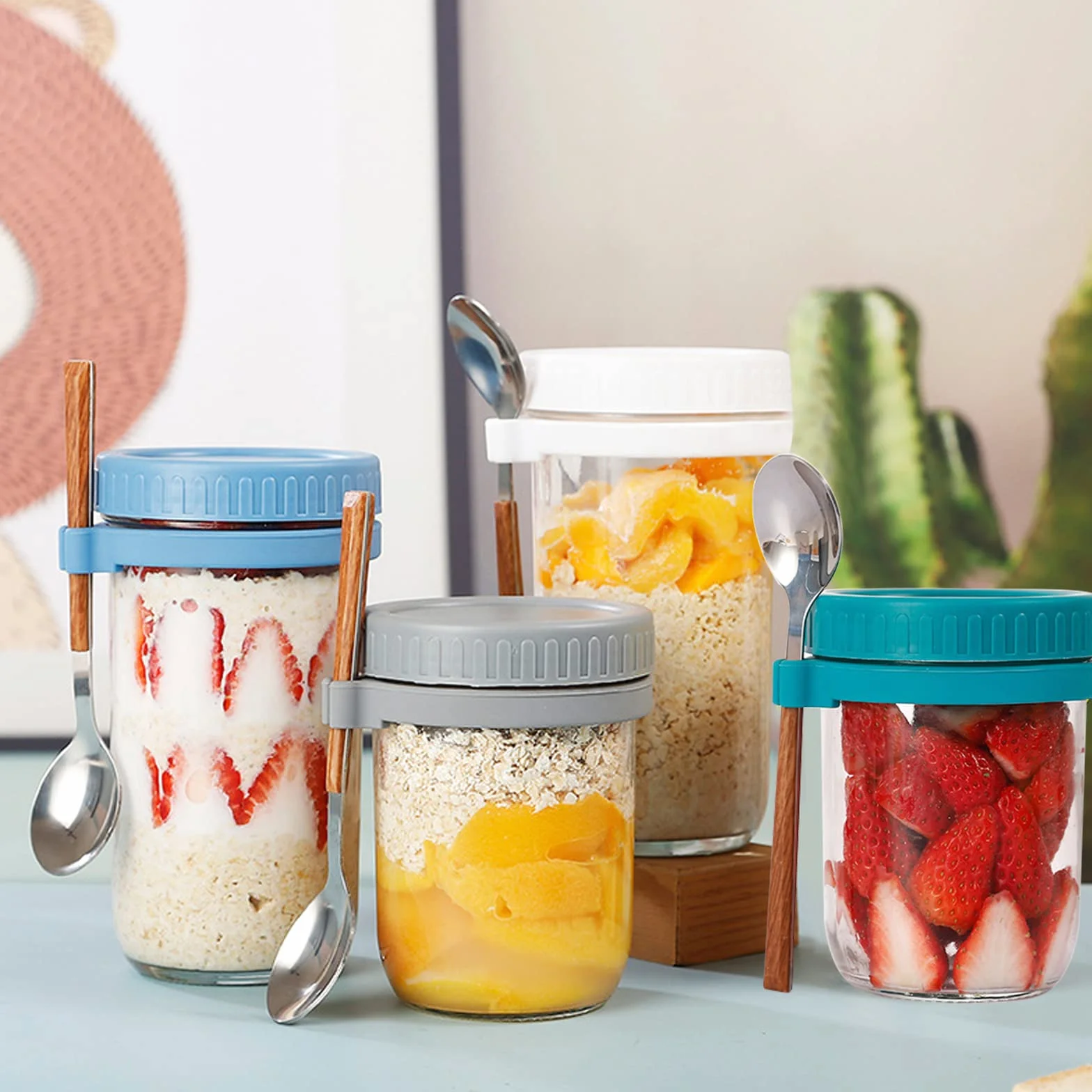 ZJT Overnight Oats słoiki z pokrywką i łyżeczką, 4 sztuki słoików owsianych, szklane słoiki na przetwory na nocleg, na musli, owoce, warzywa, mleko, sałatkę, jogurt, posiłki (600 ml)
