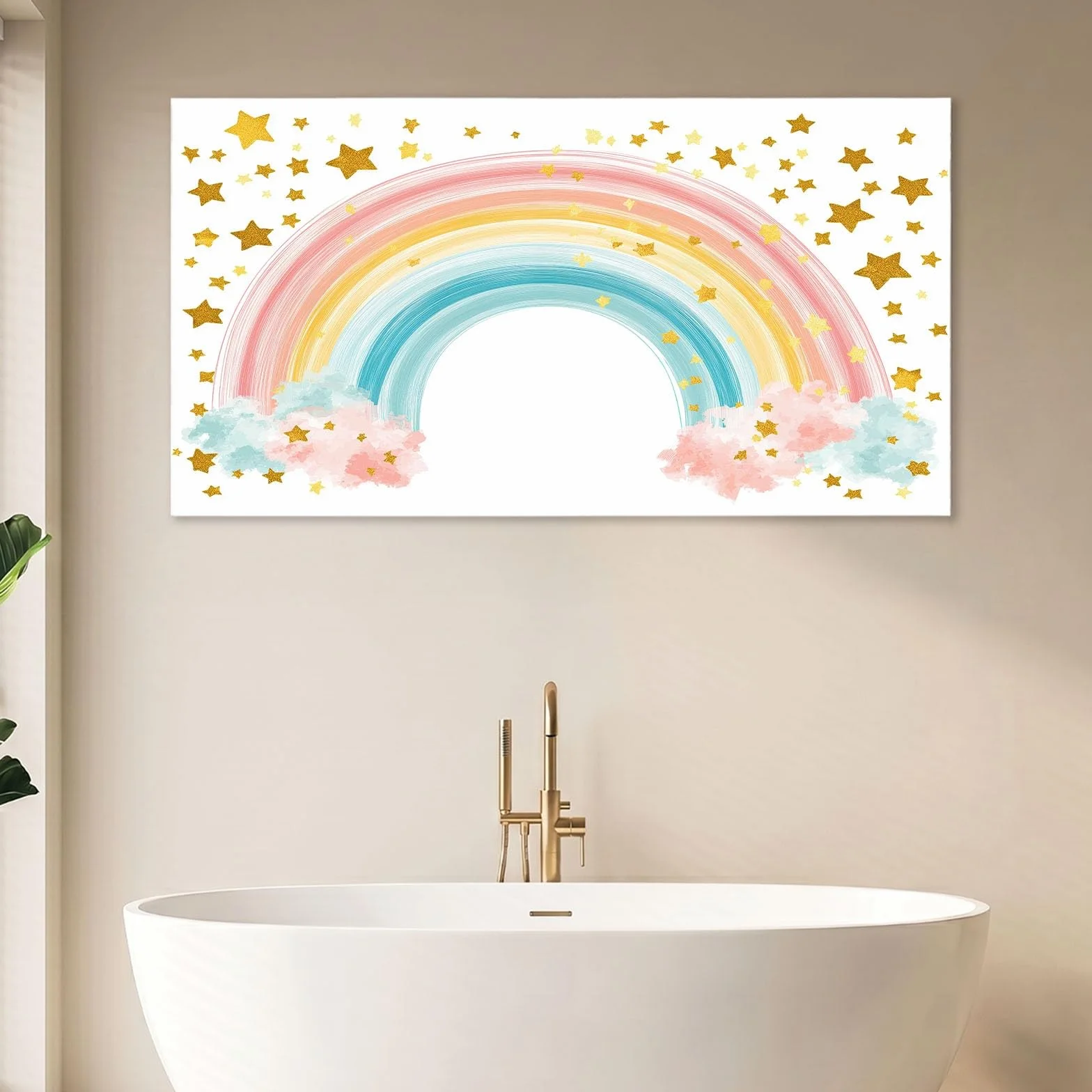 Obraz ścienny z kreskówki obraz na płótnie - obraz na płótnie 120 x 80 cm, druk na płótnie z tęczą, gwiazdą, chmurą, oprawiona sztuka ścienna do salonu i sypialni, dekoracja ścienna, biały