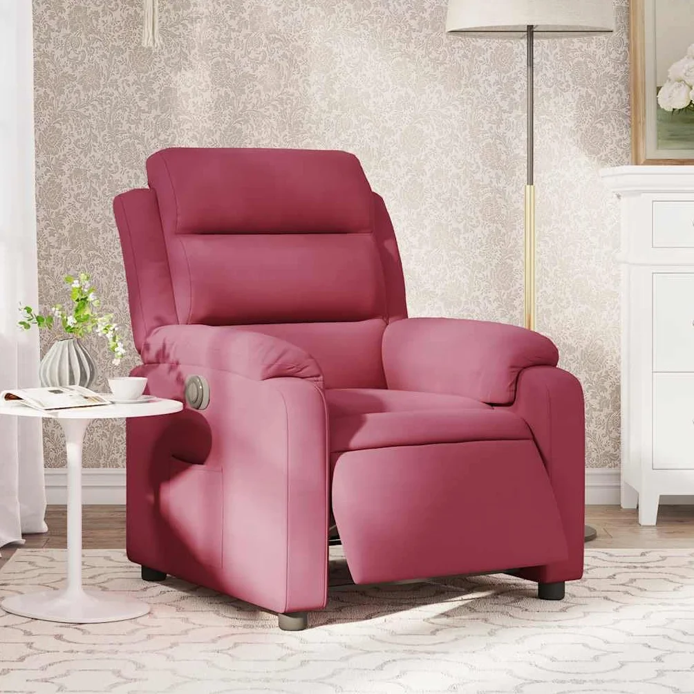 Fotel relaksacyjny elektryczny z funkcją leżenia, czerwone wino, aksamit, wyściełany, ergonomiczny, regulowany, z podłokietnikami i oparciem, do salonu, czytania