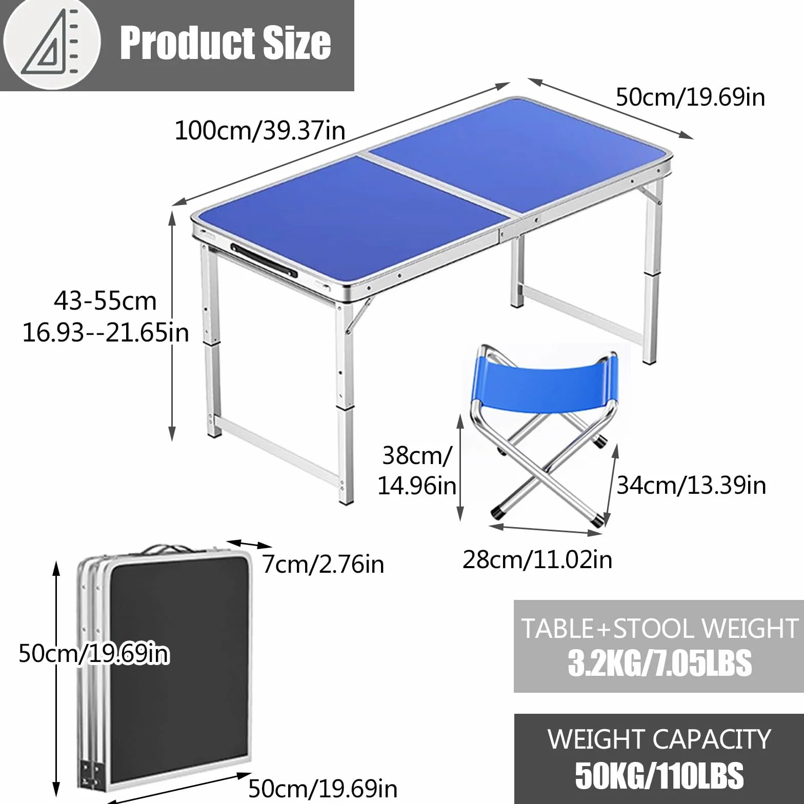 Aluminiowy składany stół o regulowanej wysokości, przenośny stół kempingowy z uchwytem, do wewnątrz, stół cateringowy, na imprezę, piknik, ślub, 100 x 50 cm, biały + 2 stołki)