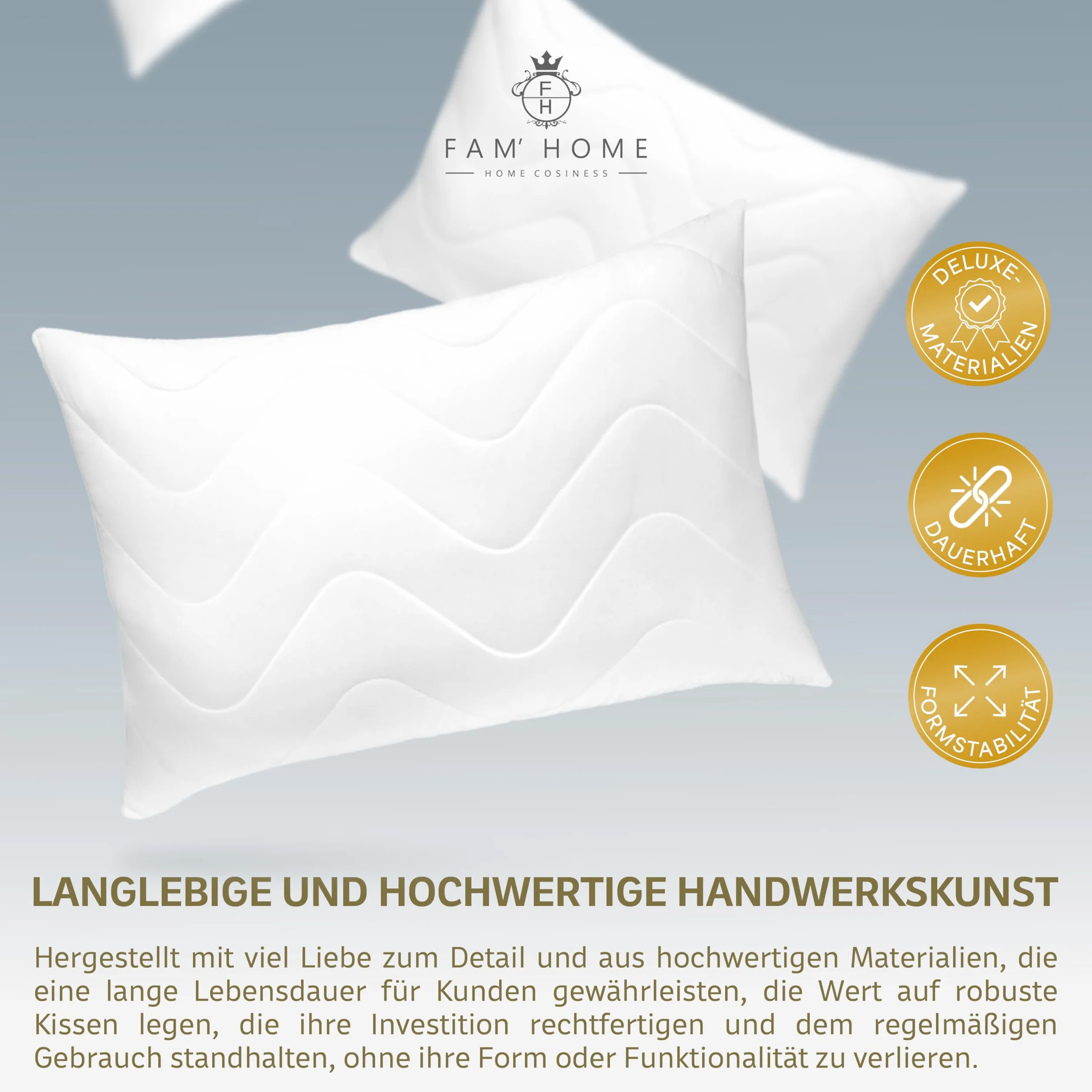 FAM' Home luksusowa poduszka 50 x 60 cm, zestaw 2 szt. – poduszka pod głowę, wypełnienie objętościowe (600 g), ergonomiczna biała poduszka do spania, łatwa pielęgnacja – poduszka dla alergików 50 x 60