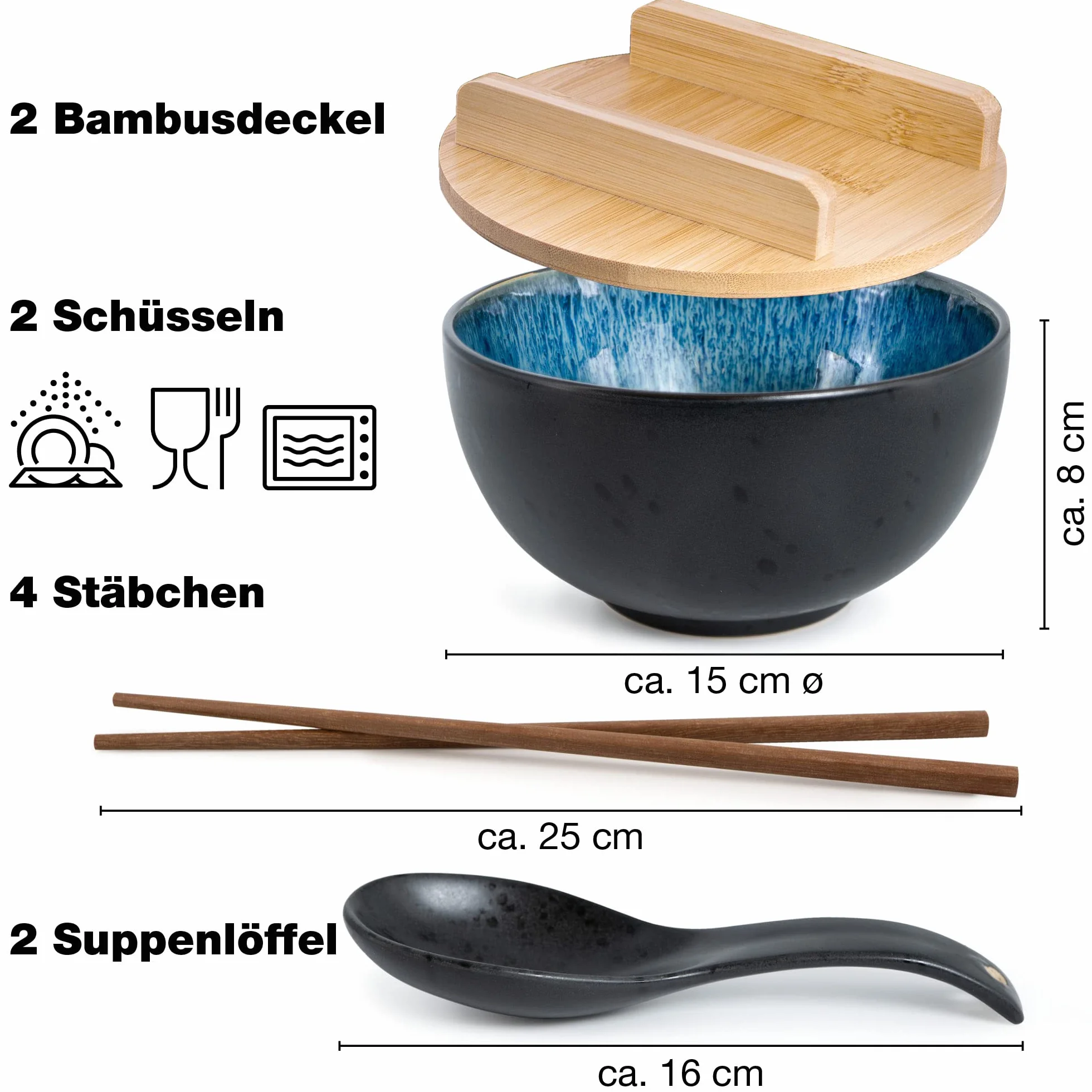 Moritz & Moritz Zestaw ceramicznych misek do ramenu, 2 sztuki - średnica 15 cm - 600 ml / 20,3 uncji - kolor czarny i niebieski - zawiera bambusowe pokrywki, łyżki i 4 pałeczki - japońskie miski na