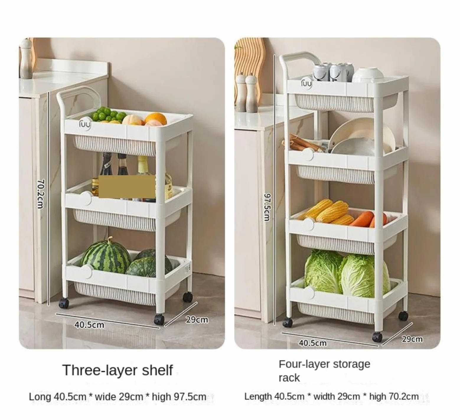 Regał na Kółkach do Kuchni Wózek Do Przechowywania Owoców I Warzyw Na Kółkach, Wielowarstwowy, Kuchni Łazienki Wózek Kuchenny z Kółkami(White,3 Tier)