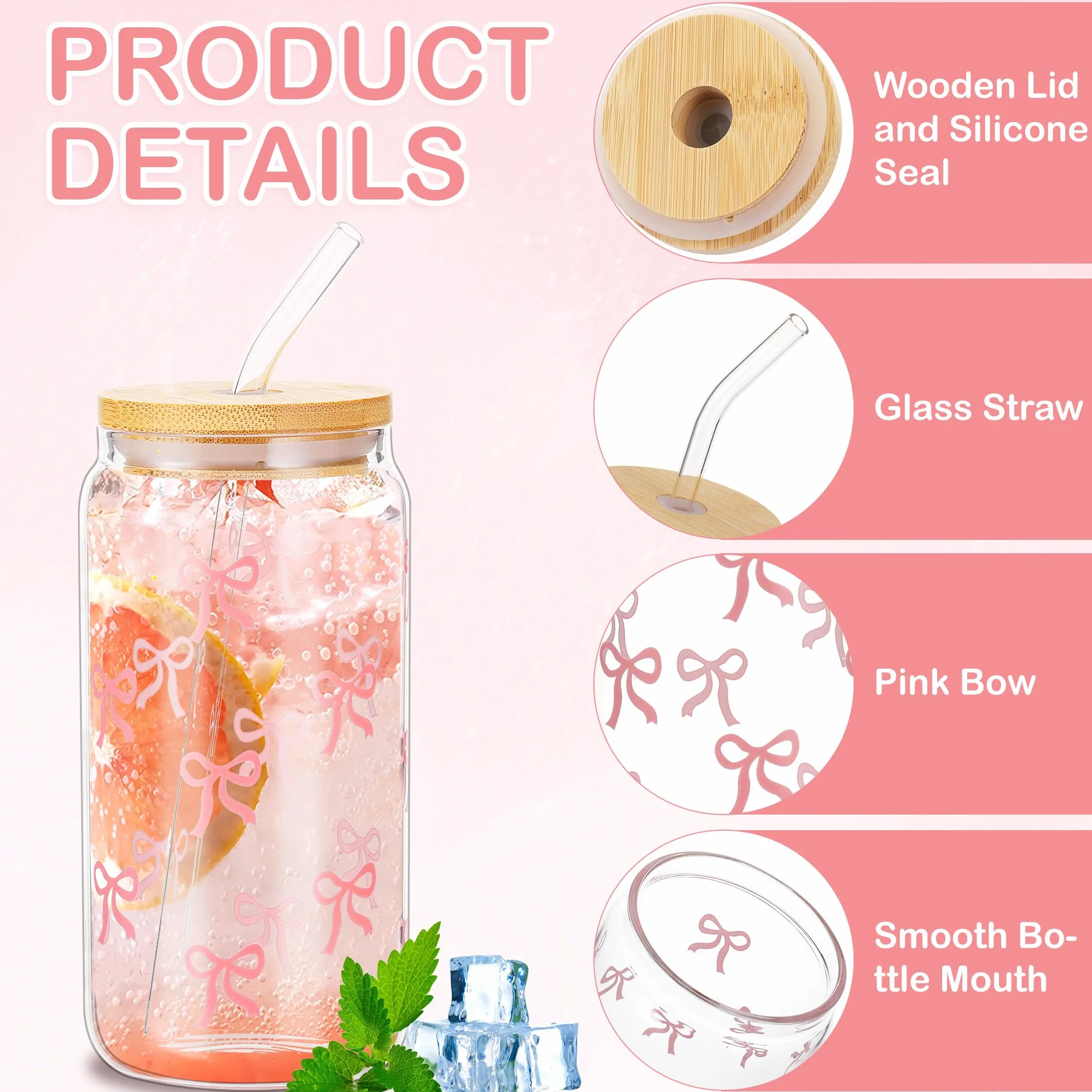 Hejo Bow Szklanka z Pokrywką i Słomką, 500 ml, Elegancki Kubek do Picia Pink Stuff, Szkło do Matchy z Aesthetic Clean Girl - Przezroczyste Naczynie do Kawy