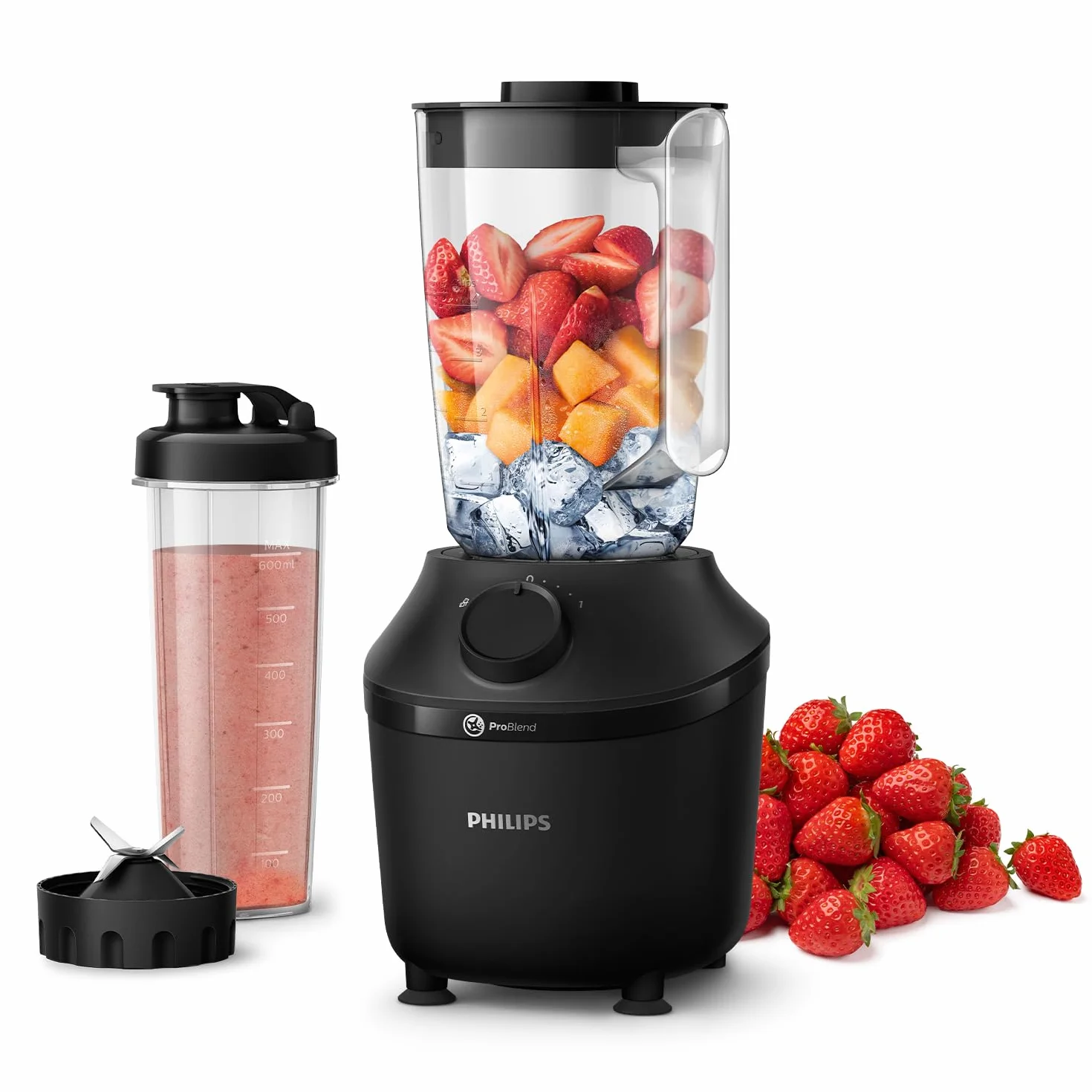 Philips Blender Kielichowy, Moc 450 W, Dokładne blendowanie - Technologia ProBlend, Pojemny dzbanek o pojemności 1,9 L, Butelka do smoothie w zestawie, Kolor Czarny (HR2041/41)