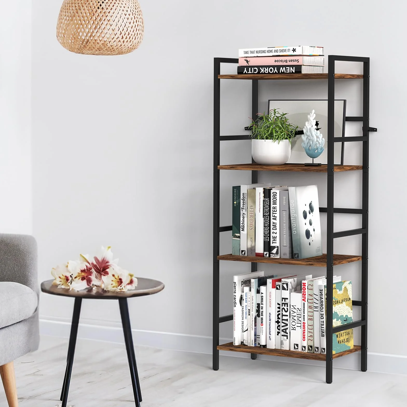 CADUKE 4-poziomowa półka na książki z miejscem do przechowywania Industrial Open Etagere Bookcase Wood Metal Book Shelf Stand Brown Regały na książki do salonu, sypialni, biura