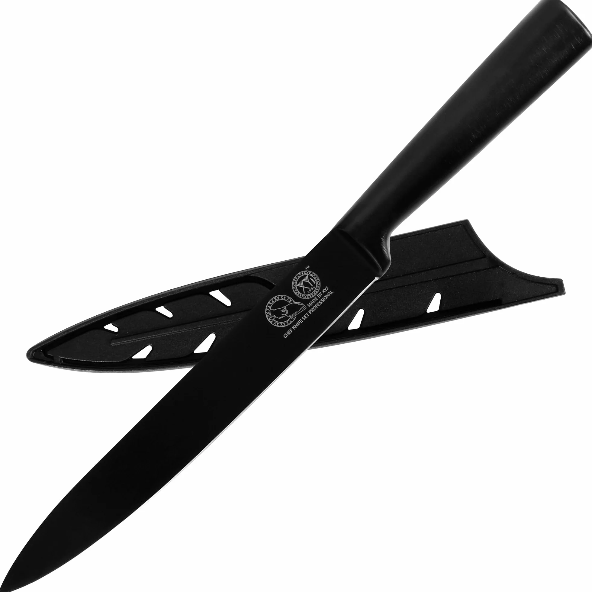 XYJ 8 Inch Professional Kitchen Knife, Full Black Japanese Chef Slicing Knife, Meat Cleaver, Vegetable Slicer Cutting Knife With Sheath, Edge Guard Protector, Outdoor Camping for Mom Dad