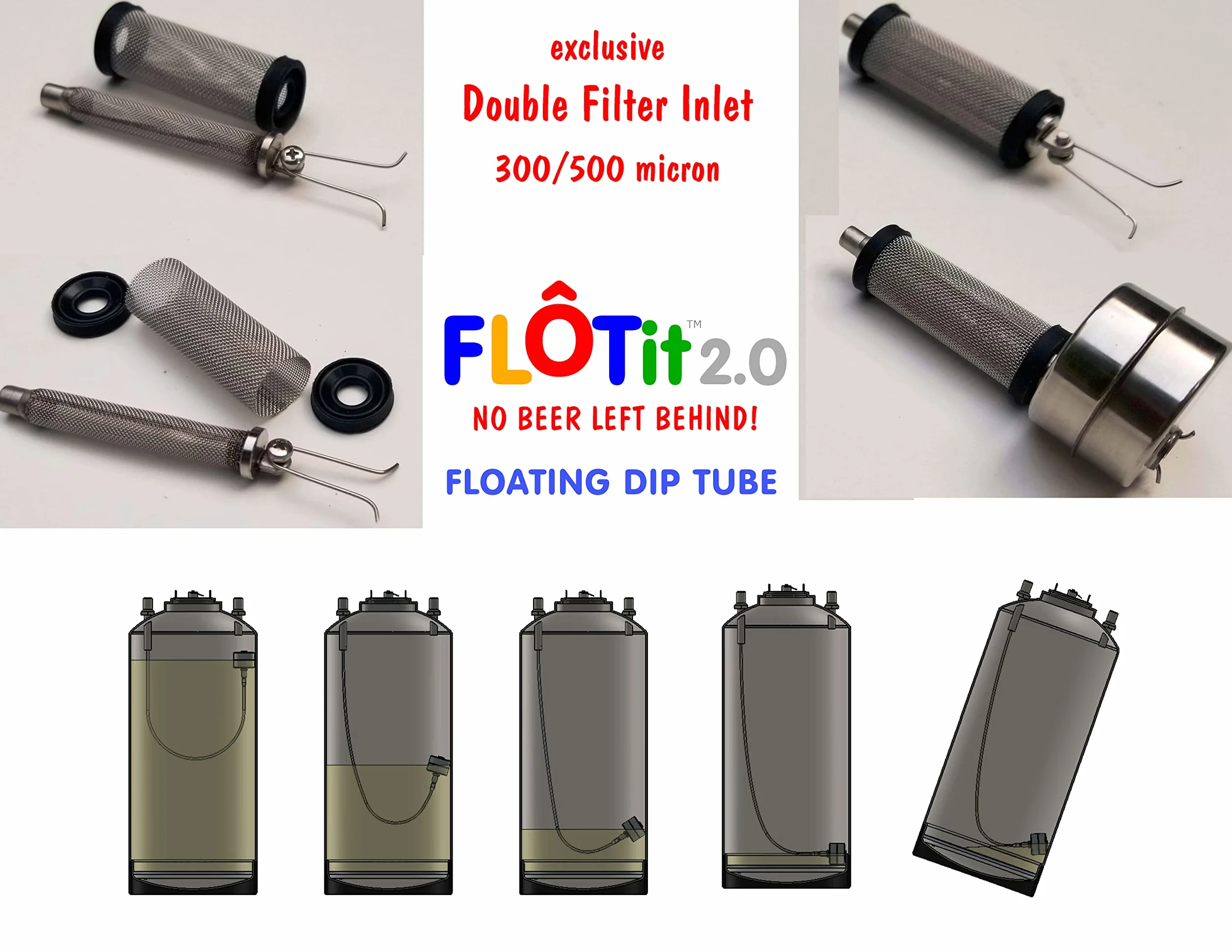 FLOTit 2.0 – nie pozostawia piwa za pływającą rurką do zanurzania z podwójnym wlotem filtra (DFI) 500/300 mikronów, zapewnia zawsze czyste piwo, mniej odpadów piwa i bez zatykania. Wyprodukowano w