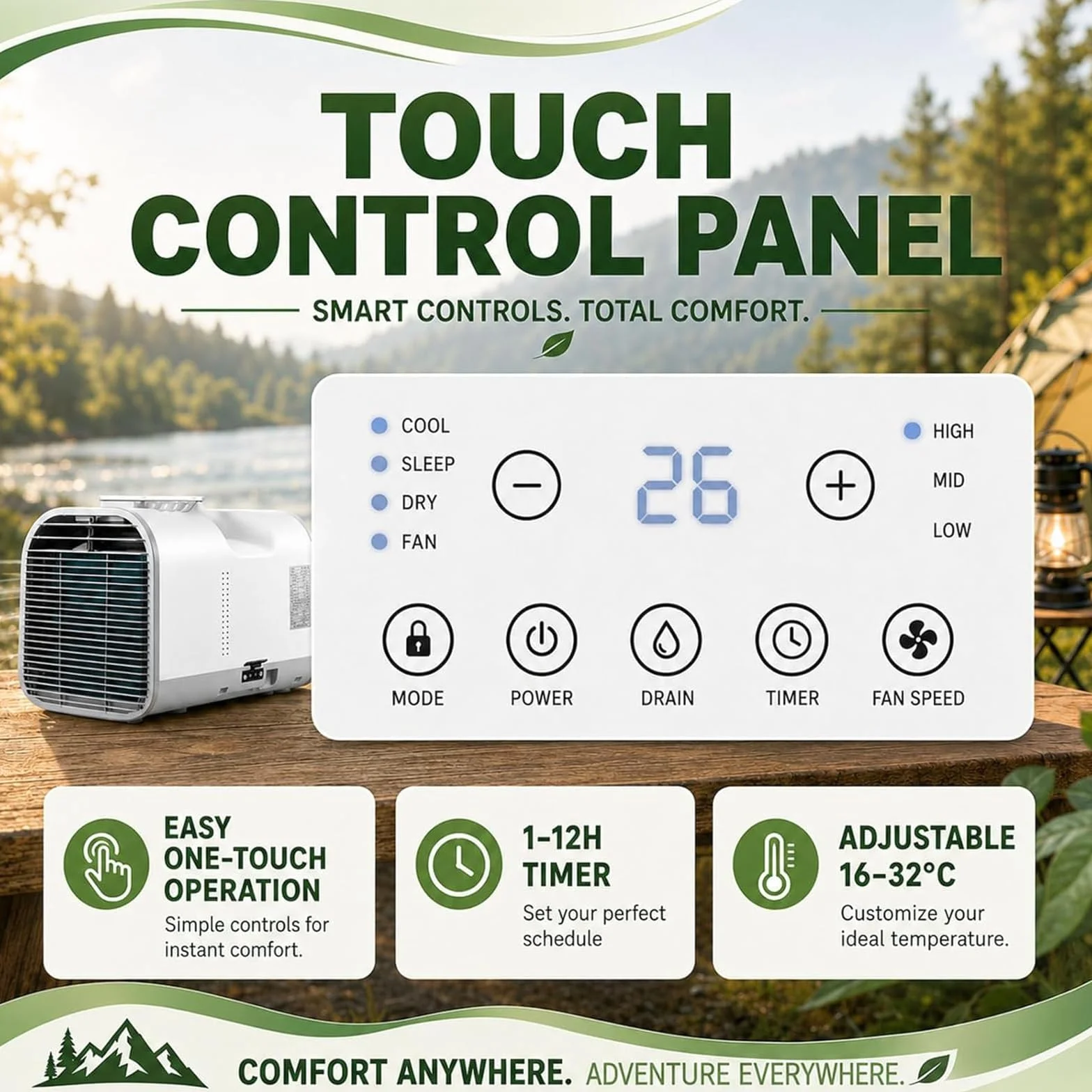 Klimatyzator – Kompaktowy przenośny klimatyzator do małych przestrzeni 1500W | 330W/400W, chłodzi 1–8m² lub 8–15m², 42dB cichy tryb wentylatora, automatyczne odparowanie, regulacja 61–90°F, do vanów