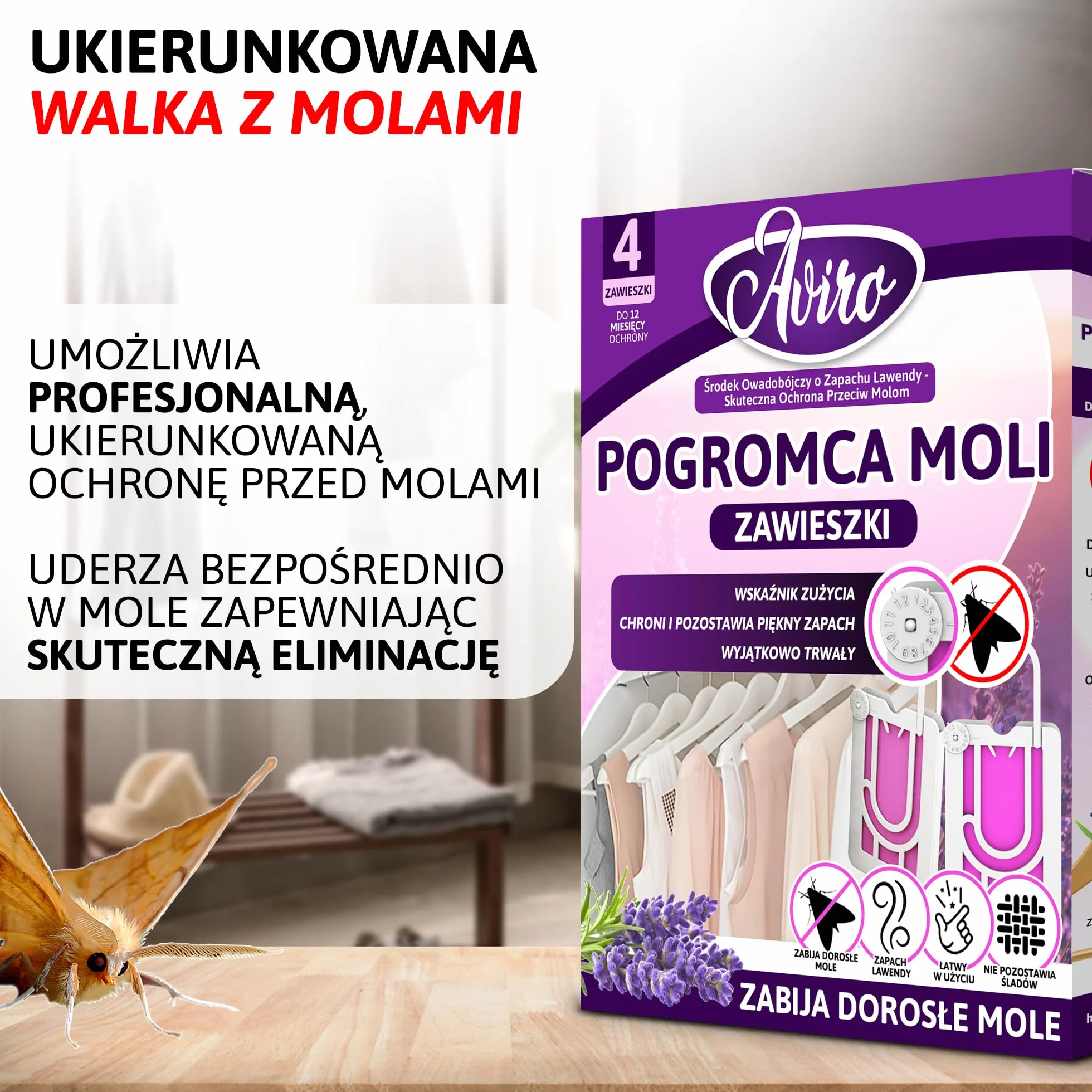 Aviro Zawieszka na Mole, Ochronna Pułapka na Mole Odzieżowe, Naturalny Zapach Lawendy, 4 szt.