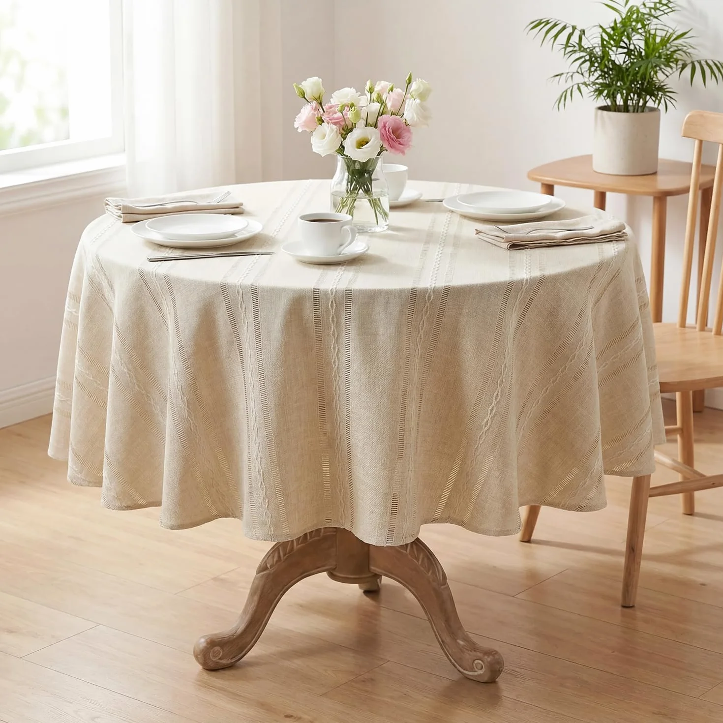 Artoid Mode Boho beżowy bawełniany lniany obrus prostokątny, okrągły, 140 cm, styl dworkowy, zmywalny, do kuchni, na urlop, imprezę, dekoracja