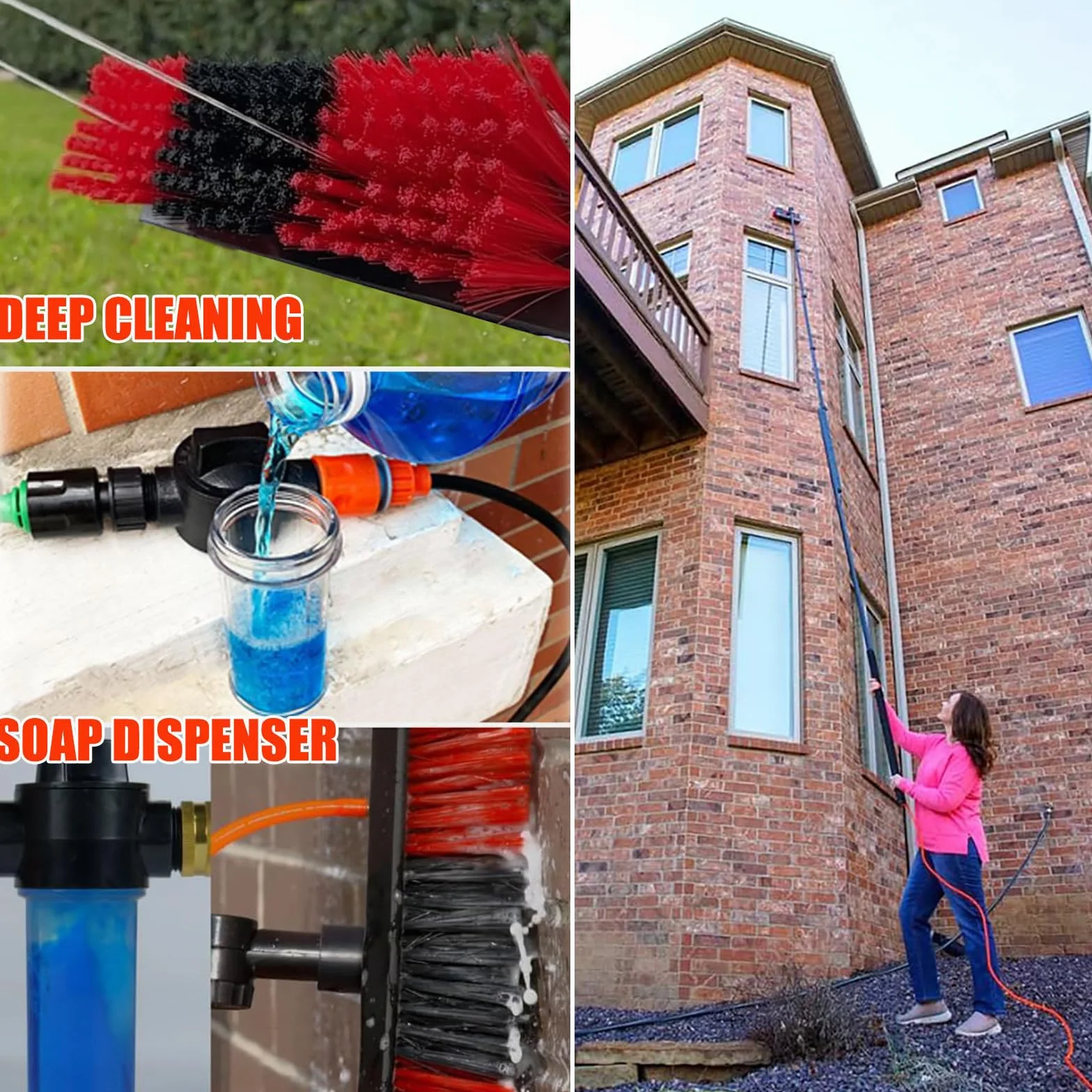 Szczotka do szkła, teleskopowy pręt zasilany wodą 3,6-10,8 m, myjka do paneli słonecznych, ze ściągaczką, dozownik mydła i rurki 20 m, mycie dachu, Vera
