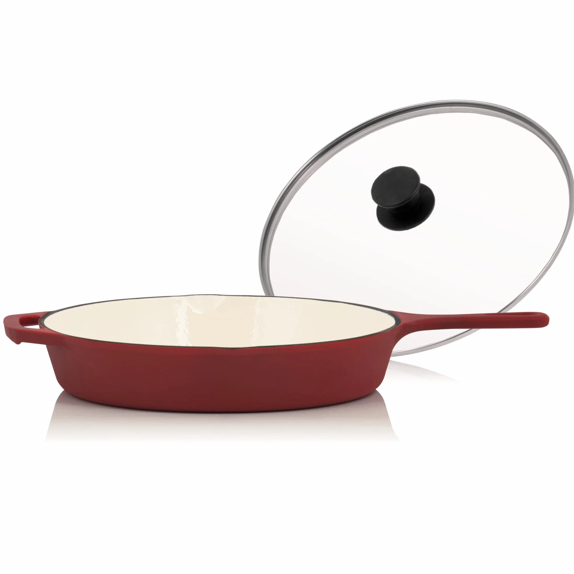 Mahlzeit Patelnia żeliwna z pokrywką | Ø 29,5 cm | Dark Cherry | patelnia z dwoma wylewkami | pokrywka patelni do grillowania, patelnia uniwersalna, patelnia żeliwna, patelnia z pokrywką, wysoka krawędź