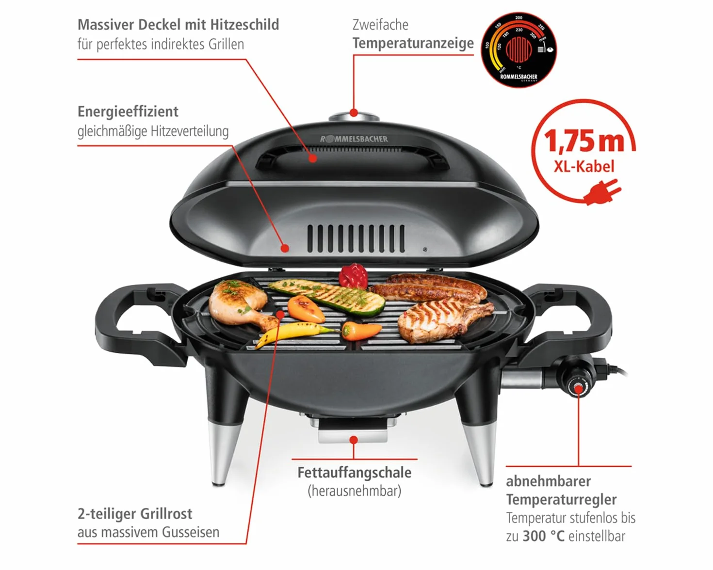 ROMMELSBACHER Barbecue BBQ 4100/S, 2-częściowy ruszt do grillowania z żeliwa, pokrywa na zawiasach ze wskaźnikiem temperatury, temperatury do 300°C, bezstopniowa regulacja, w zestawie z wózkiem
