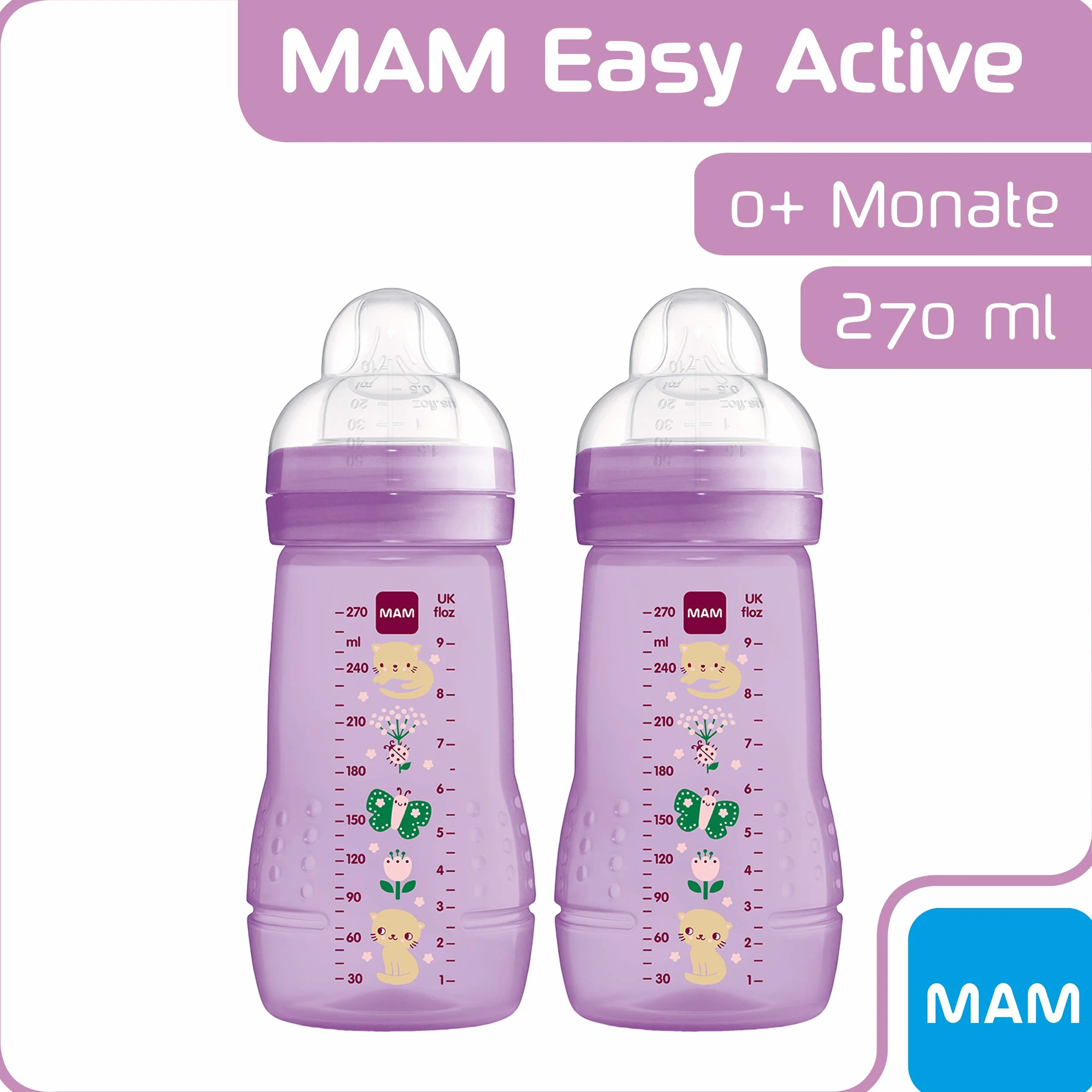 MAM Easy Active Butelka dla niemowląt, 270 ml, z silikonu SkinSoft, z silikonu SkinSoft, dla niemowląt, od 0 miesięcy, motyw kota/motyla