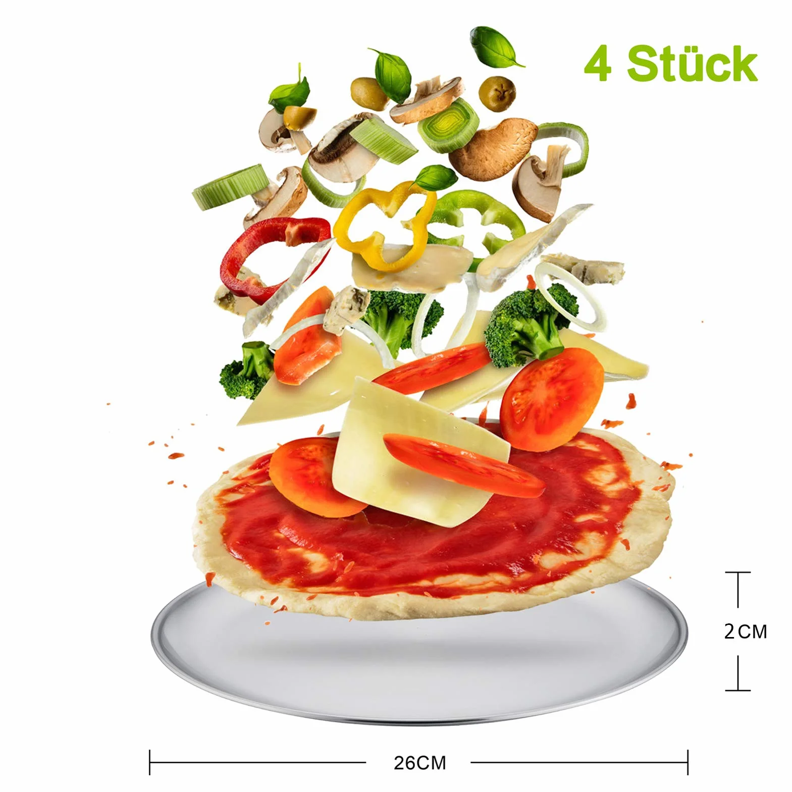 TEAMFAR Blacha do pizzy, zestaw 4 sztuk, stal nierdzewna, okrągła, do pieczenia w piekarniku, 26 cm, zdrowa i trwała, łatwa do czyszczenia i nadaje się do mycia w zmywarce