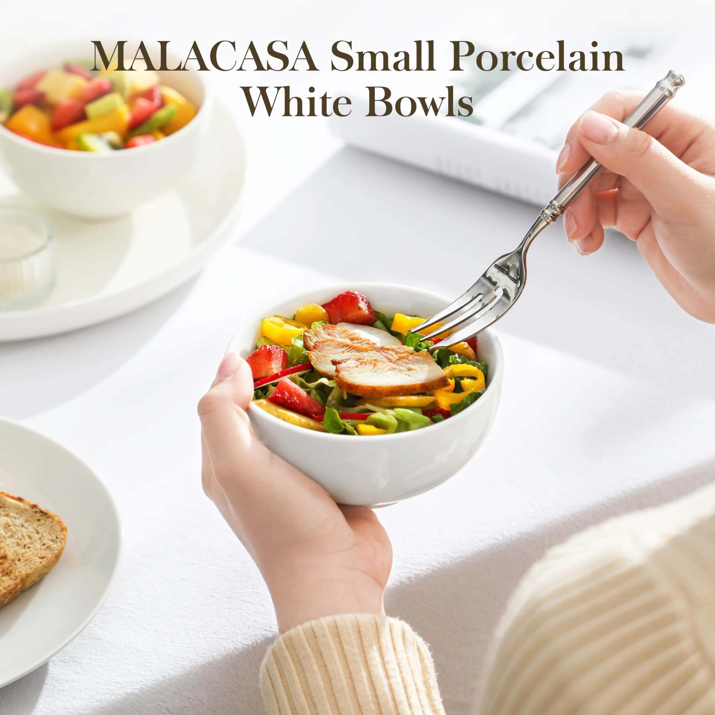 MALACASA Seria REGULAR 8 białych porcelanowych miseczek na płatki śniadaniowe 300 ml, okrągłe miski śniadaniowe 11,5 cm, salaterki, miski na sałatkę i ryż