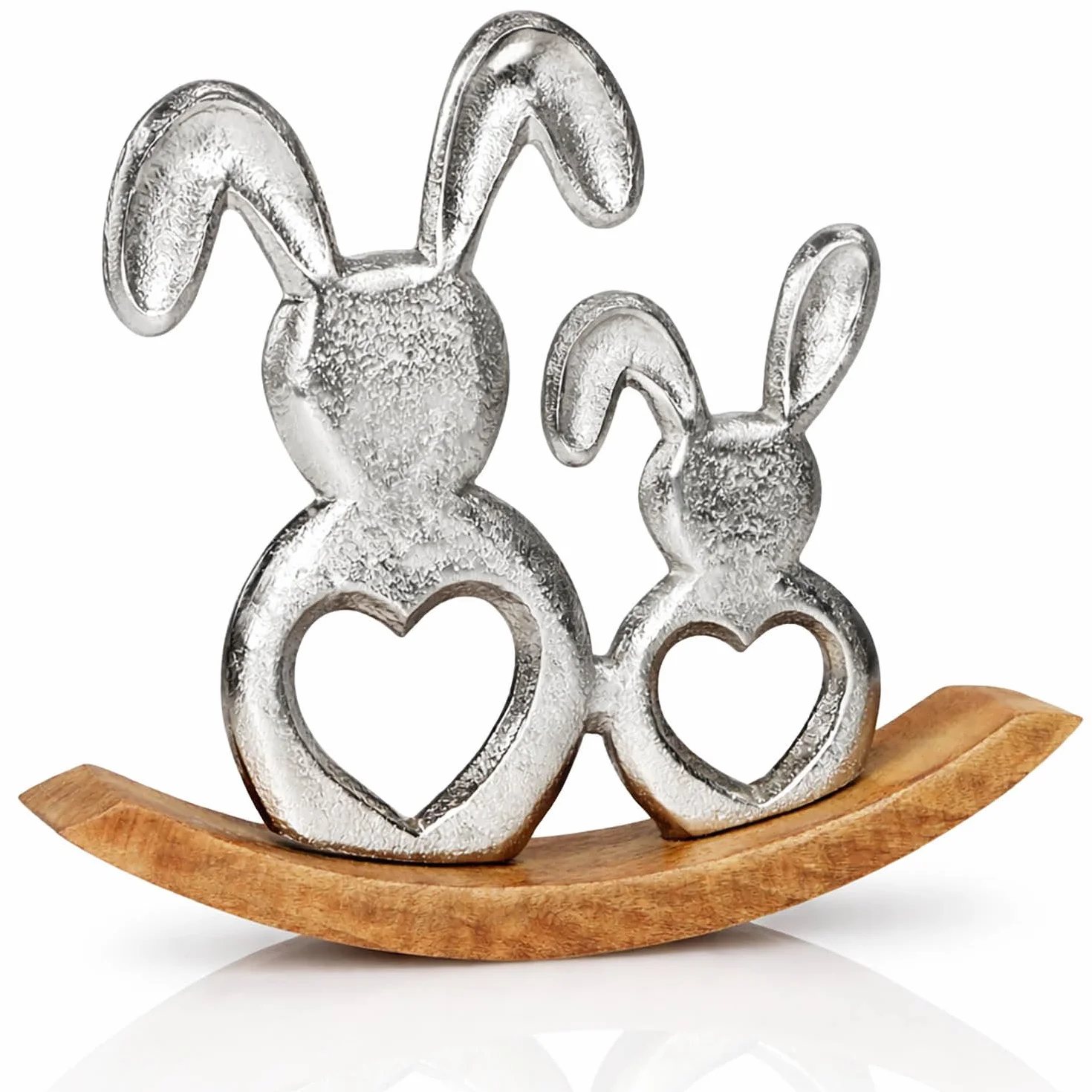 com-four® metalowe zajace wielkanocne z podstawa z drewna mango, eleganckie figurki stojace na wiosne (1x Królik/Hustawka)