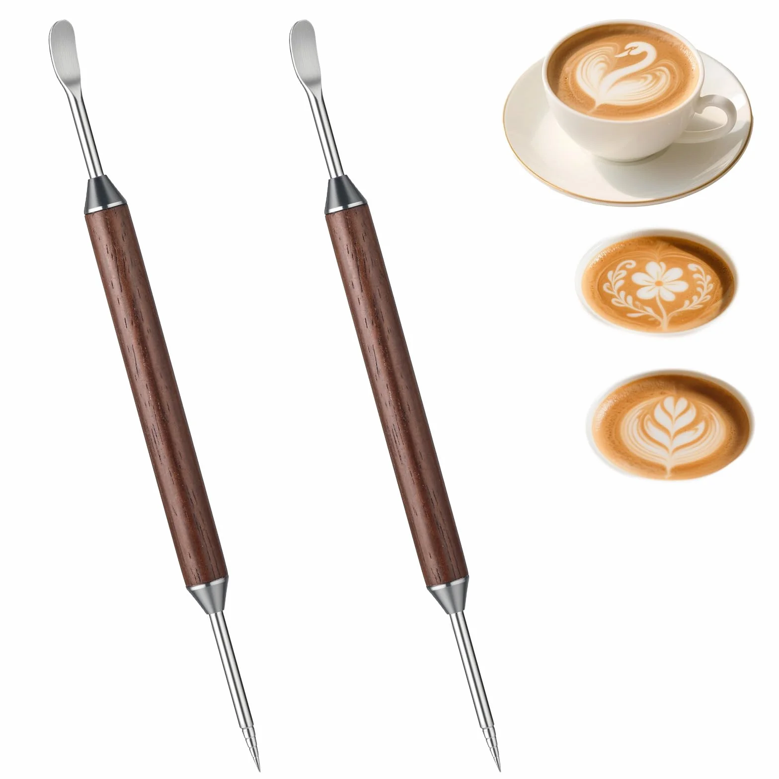 Długopisy do kawy, 2 sztuki, 16 cm, dwustronne pisaki latte art, ze stali nierdzewnej z drewnianym uchwytem, profesjonalne pisaki barista latte art, do cappuccino, latte, espresso, 2