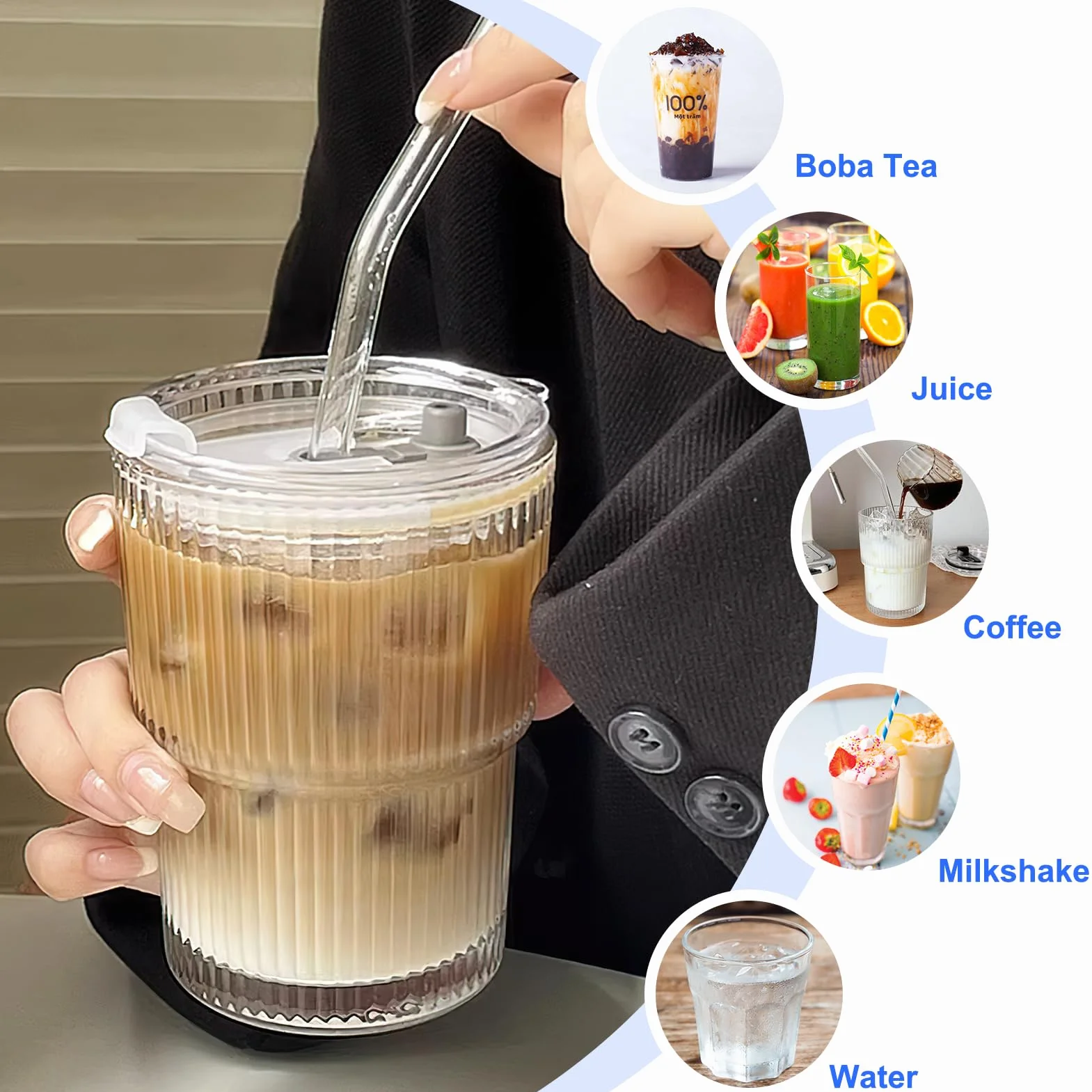 2 sztuki szklanego kubka o pojemności 400 ml z pokrywką i słomką, szklany kubek na smoothie ze słomką, szczelny, wodoodporny kubek podróżny na kawę, kubek na mrożoną kawę