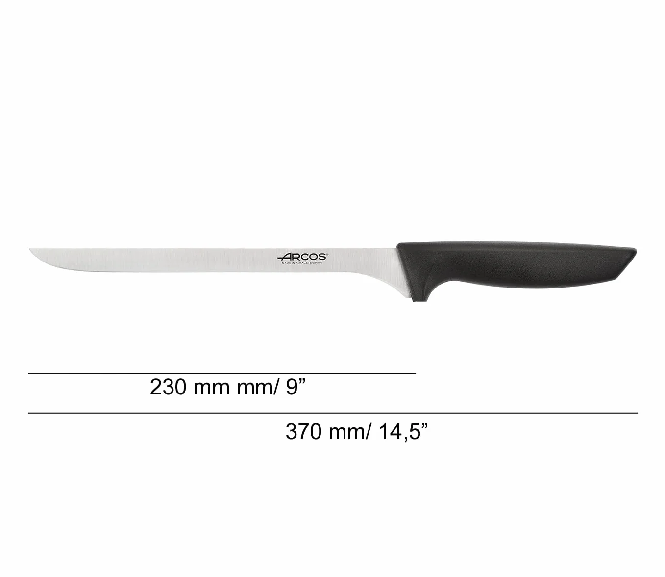 ARCOS Niza Elastyczny Nóż do Szynki o długości 230 mm do Krajania Kawałków Szynki; Profesjonalny Nóż Kuchenny do Szynki; Odpowiedni do Krajania Plastrów; Kolor Czarny