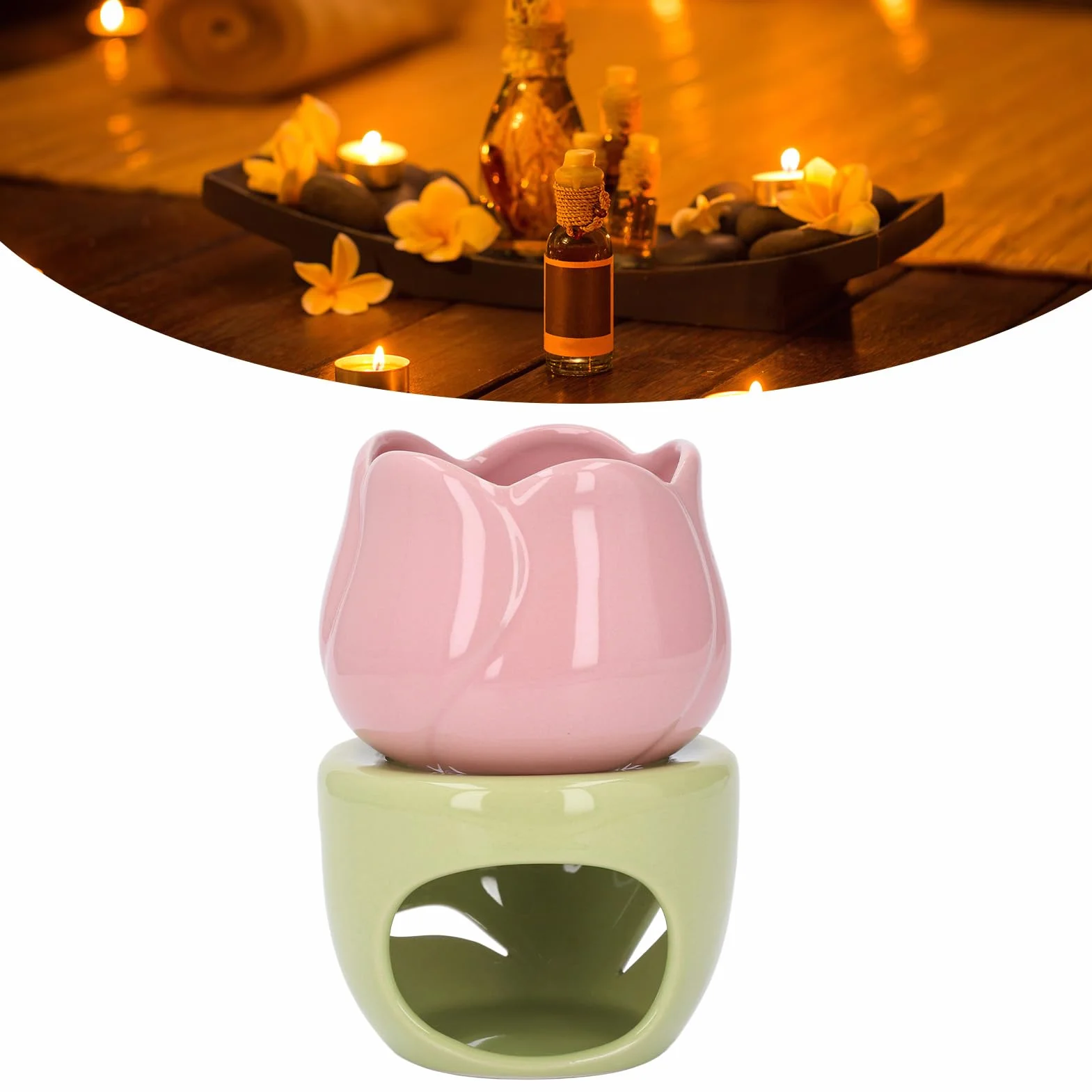 Ceramiczny Palnik do Aromaterapii Kominek na Olejki Eteryczne Różowy Kwiat Zielony Stojak
