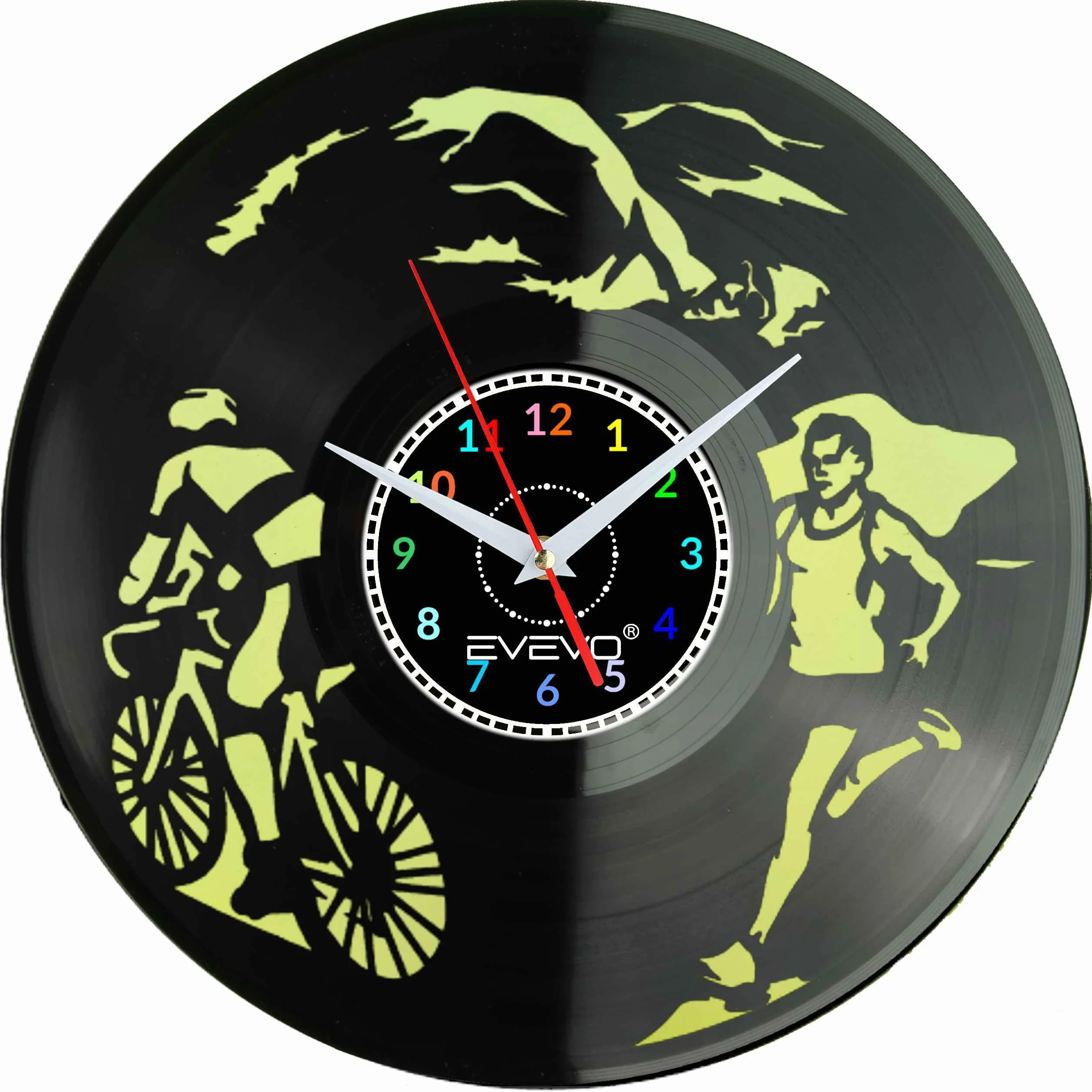 ZEGAR ŚCIENNY IRONMAN TRIATHLON FLUORESCENCYJNE TŁO PŁYTA WINYLOWA PREZENT UPOMINEK URODZINY DLA NIEJ DLA NIEGO EVEVO F0010