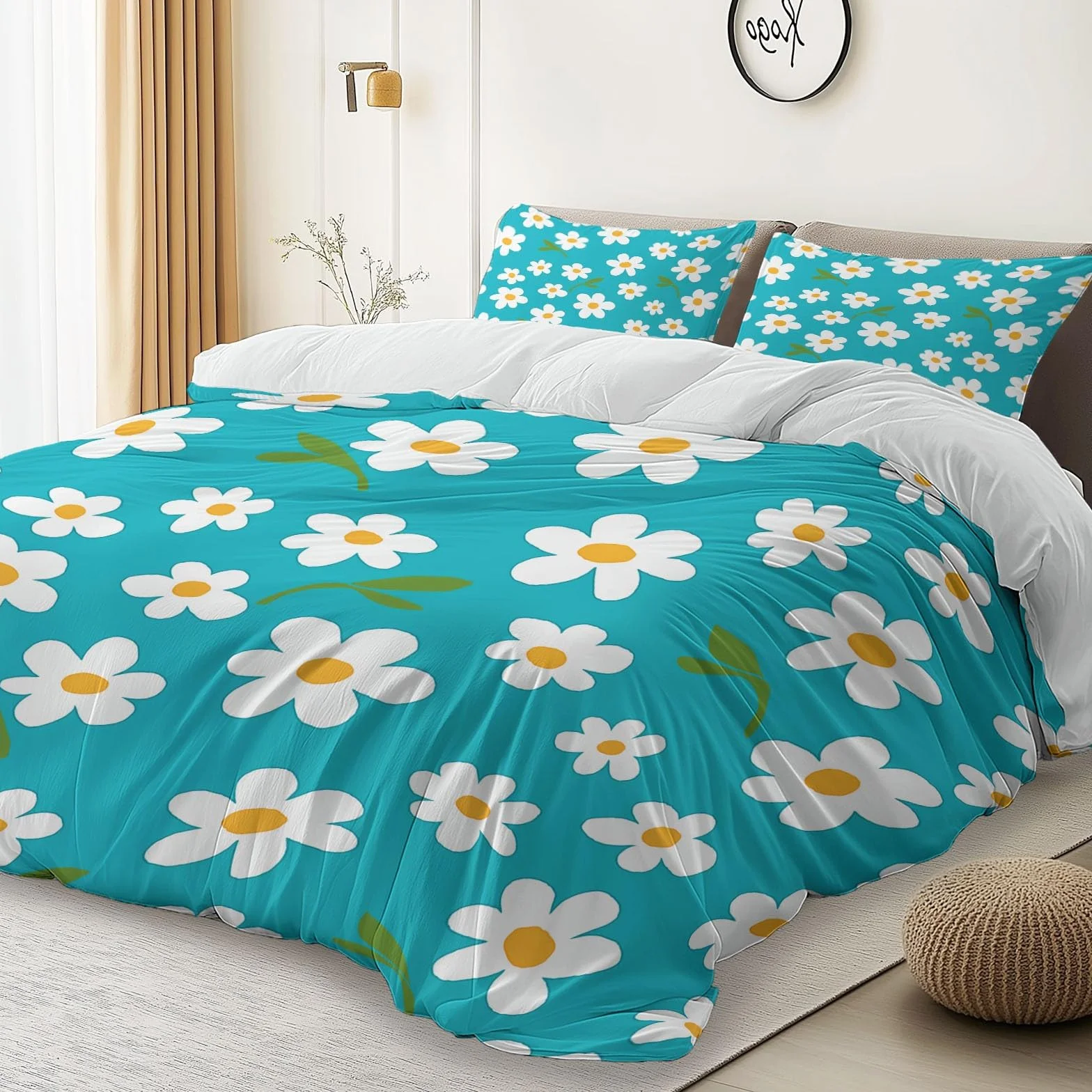 Zestaw pościeli Daisiespatterns miękki nadruk zestaw pościeli szczotkowana mikrofibra poszewka na kołdrę z poszewkami na poduszki 260 x 220 cm prezenty dla mamy sypialnia dekoracja biały niebieski