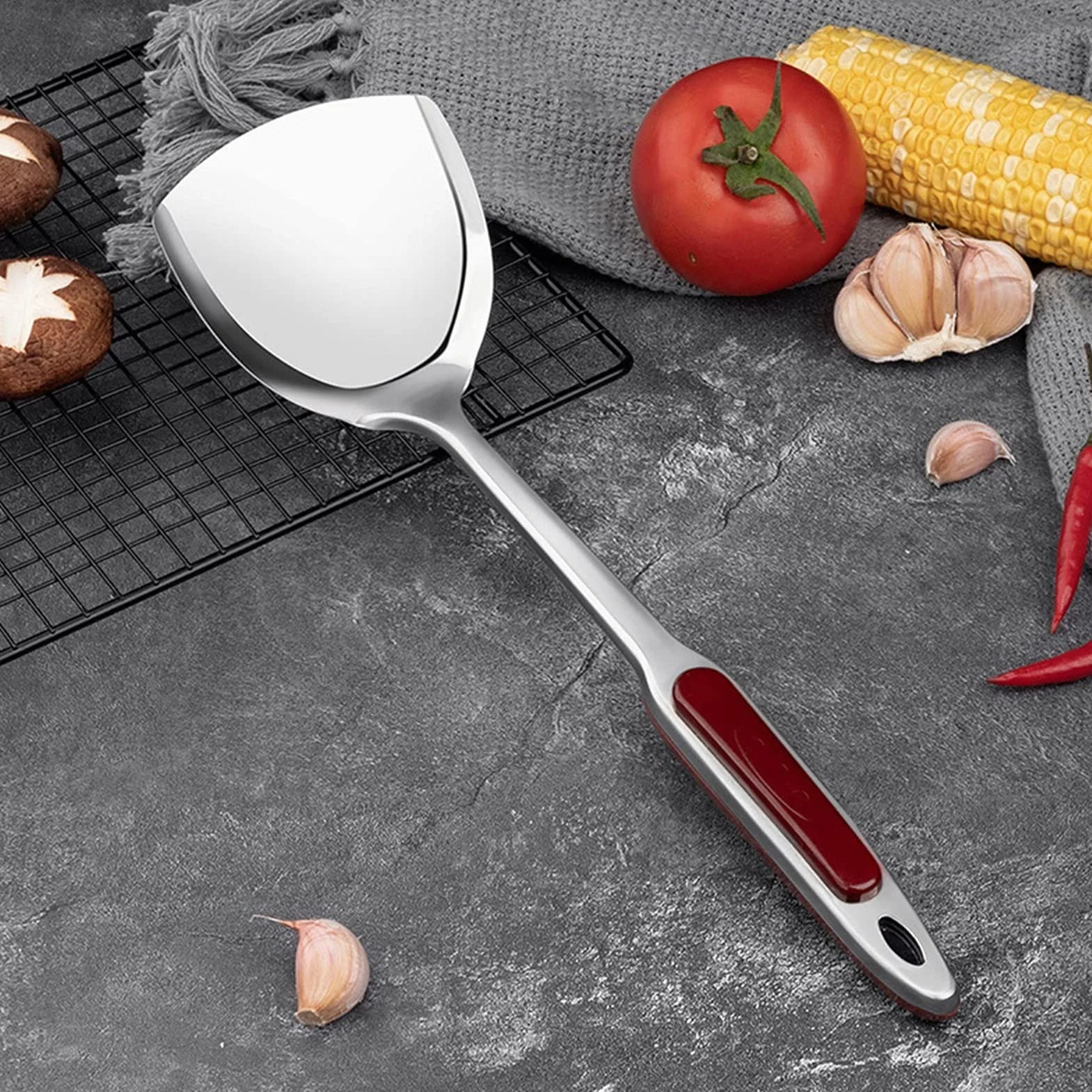 Szpatułka do woka, pogrubiona szpatułka do woka ze stali nierdzewnej z ergonomicznym, łatwym do trzymania uchwytem – do patelni nieprzywierającej, akcesoriów kuchennych, szpatułki do