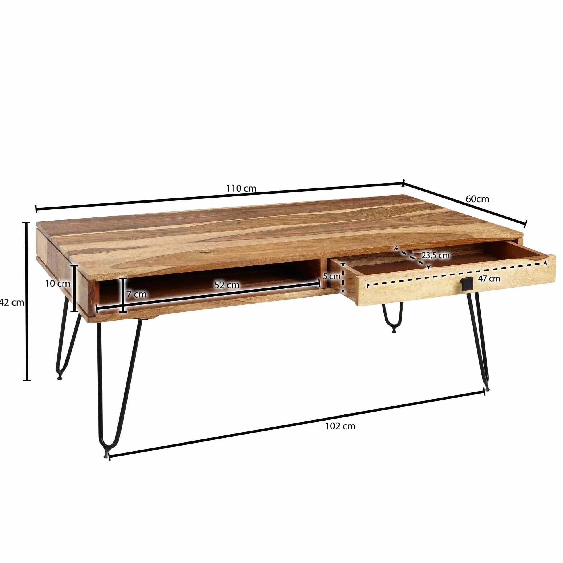 FineBuy stolik kawowy z litego drewna akacjowego, szerokość 117 cm, do salonu, metalowe nogi, styl dworkowy, stolik pomocniczy, produkt naturalny, meble do salonu, unikat, nowoczesne meble z litego drewna, prostokątne