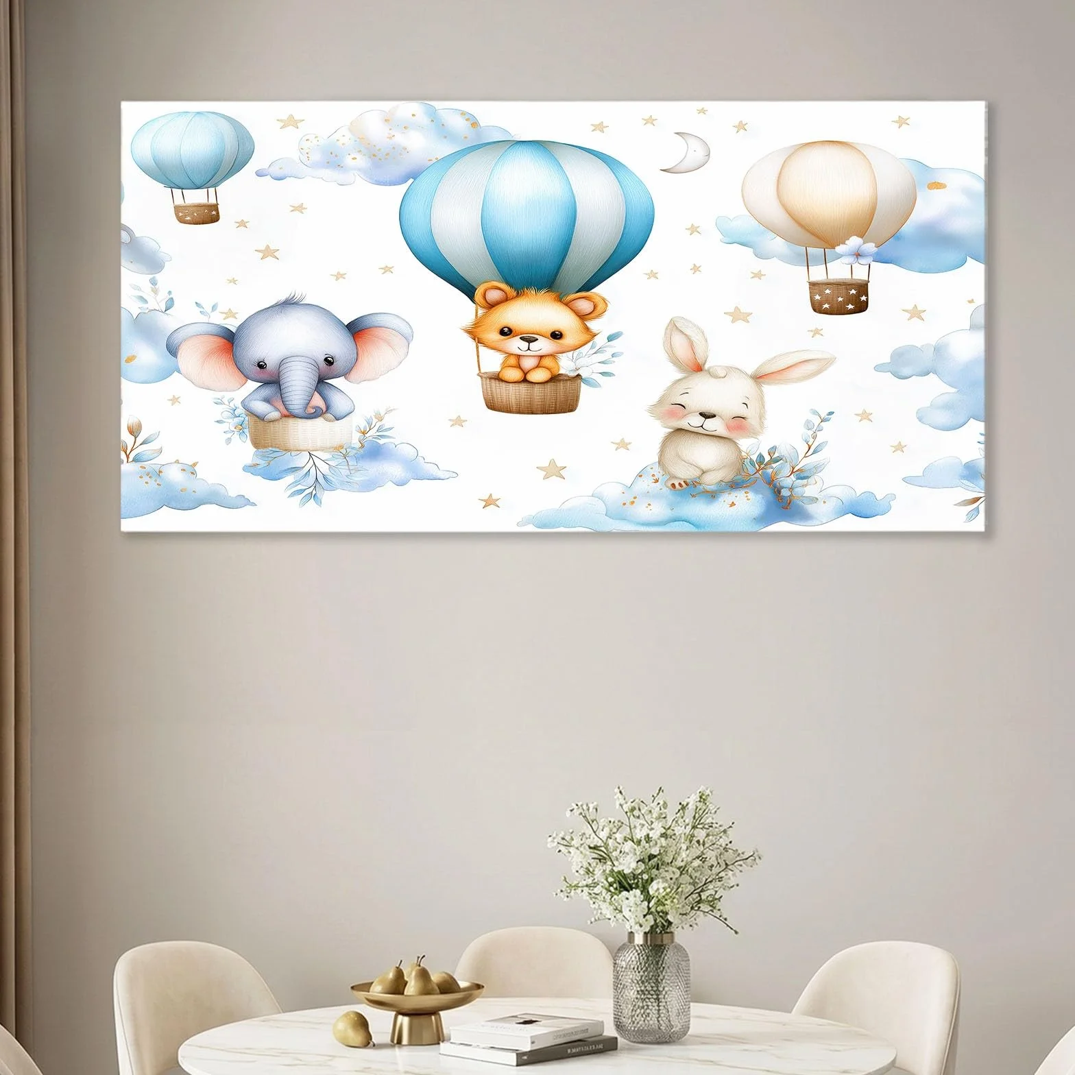 Obrazy na płótnie, z kreskówki, obrazy ścienne do salonu, 90 x 60 cm, druk artystyczny, obrazy na płótnie, białe balony na gorące powietrze, zając, gwiazda, chmura, dekoracja ścienna do korytarza