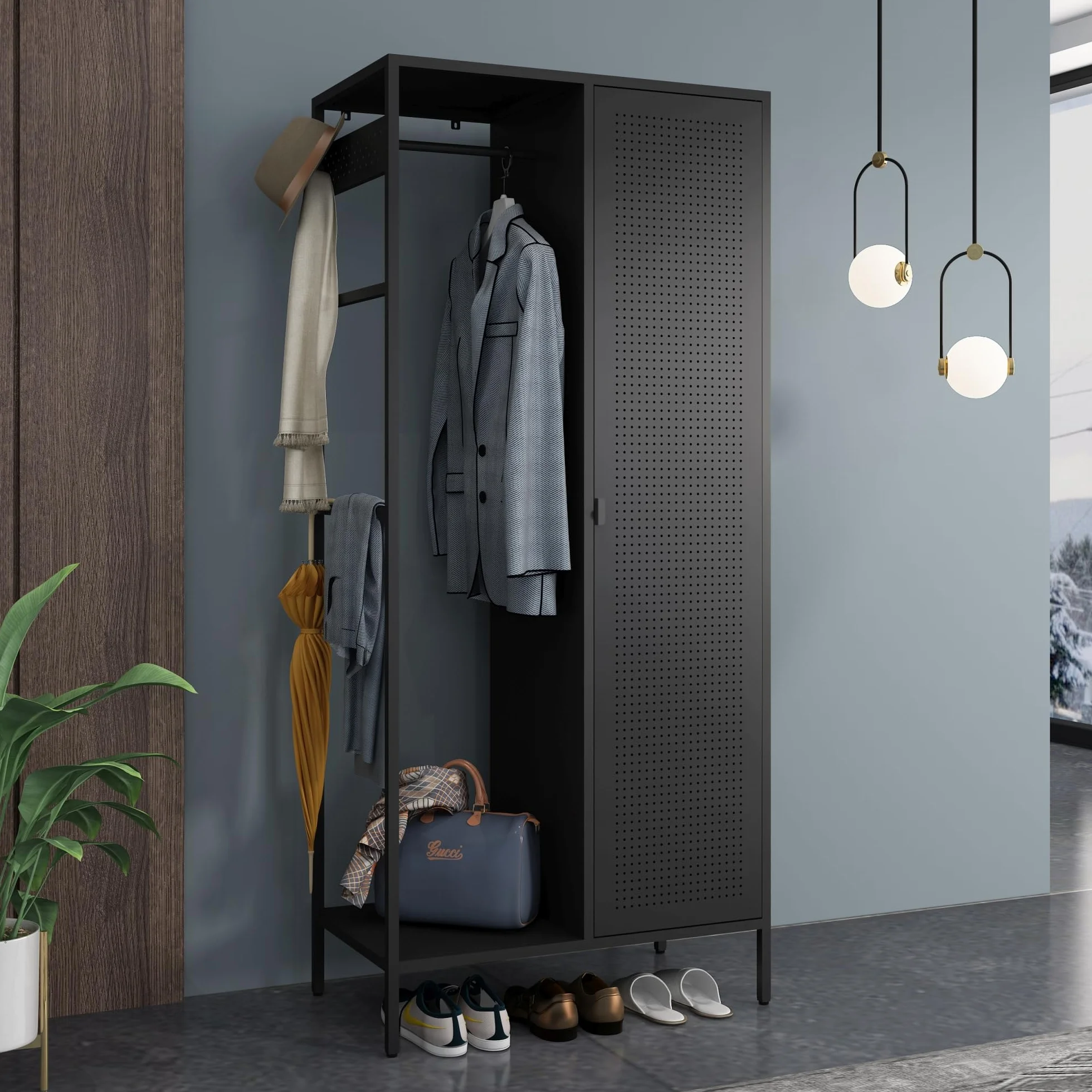 [en.casa] Szafa na ubrania Puumala 180 x 80 x 45 cm, szafa do sypialni, metalowa szafka z 4 półkami i 1 drążkiem na ubrania, metalowa, czarna