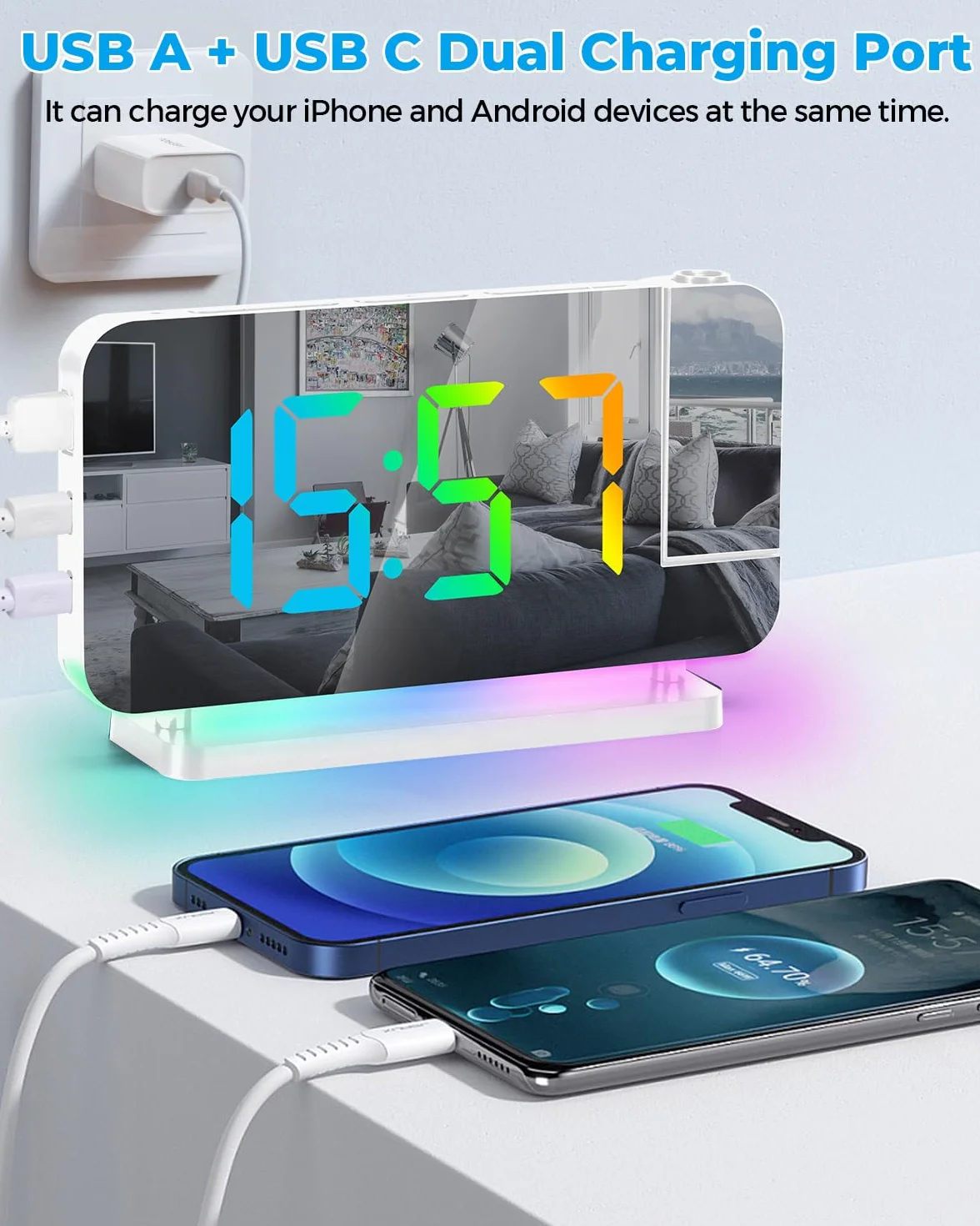 SZELAM Budzik z projektorem, 18,7 cm LED, lustrzany, duży wyświetlacz, z projektorem obracanym o 180°, lampka nocna RGB, złącze USB C, nowoczesny zegar biurkowy do dekoracji sypialni – biały